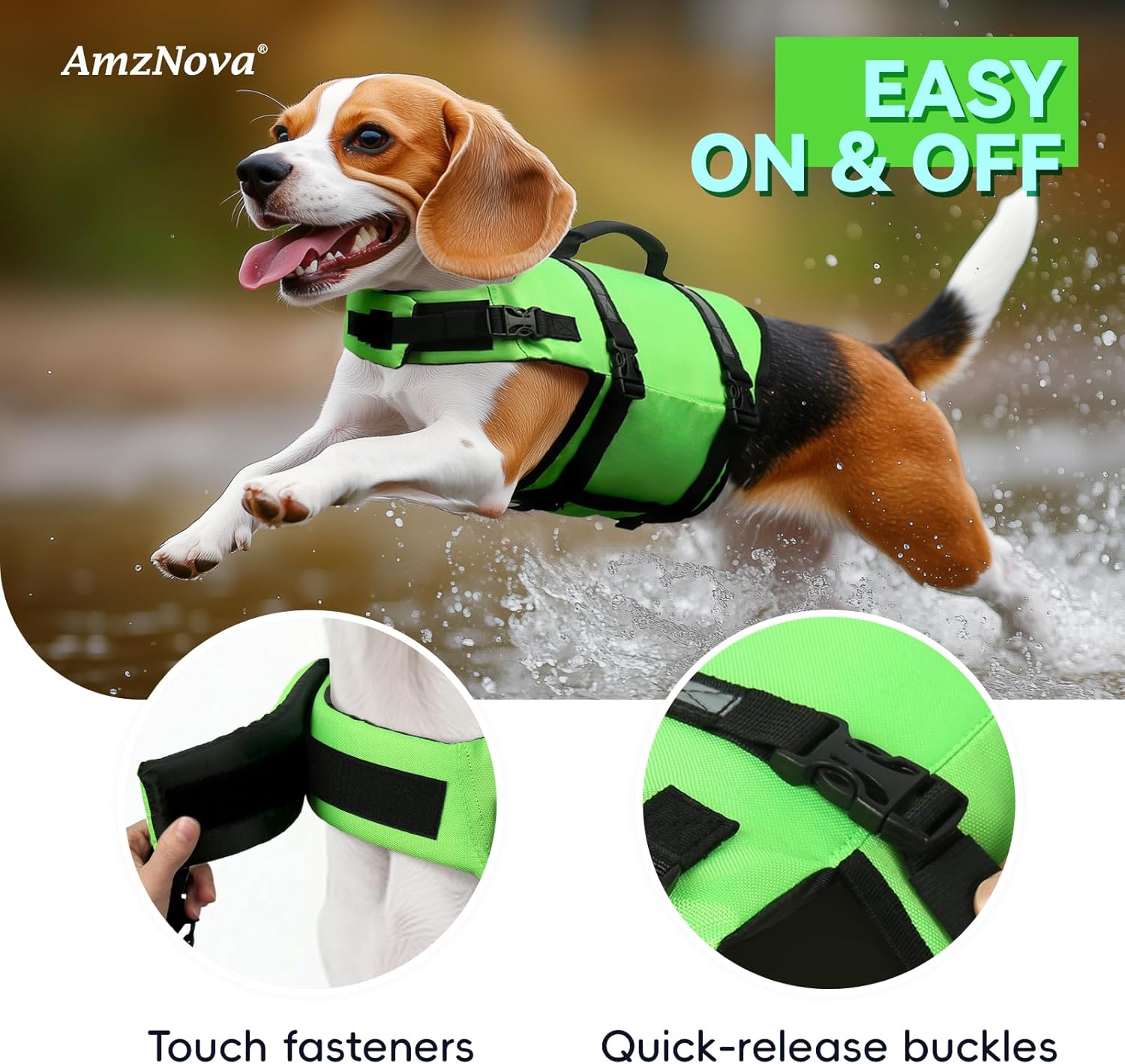Thumbnail 4 de AMZNOVA Rip Stop Hundeschwimmweste (L) in Hellgrün – Rettungsweste für Bootfahren & Wassersport