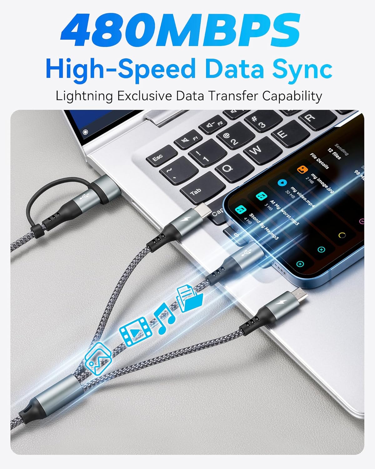 Detalle de UZAHSK 5-in-1-Multiladekabel mit Datenübertragung – 1,2 m USB-A zu USB-C/Lightning/Micro-USB