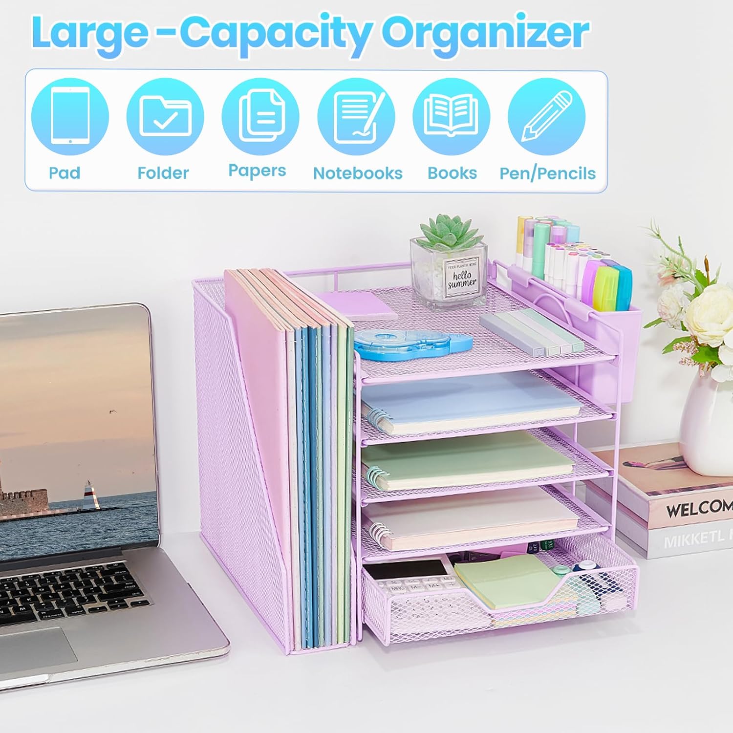 Thumbnail 5 de Gugsey Desk File Organizer, 5-Tier Metal Desk Organizer with Drawer & Pen Holder, Purple