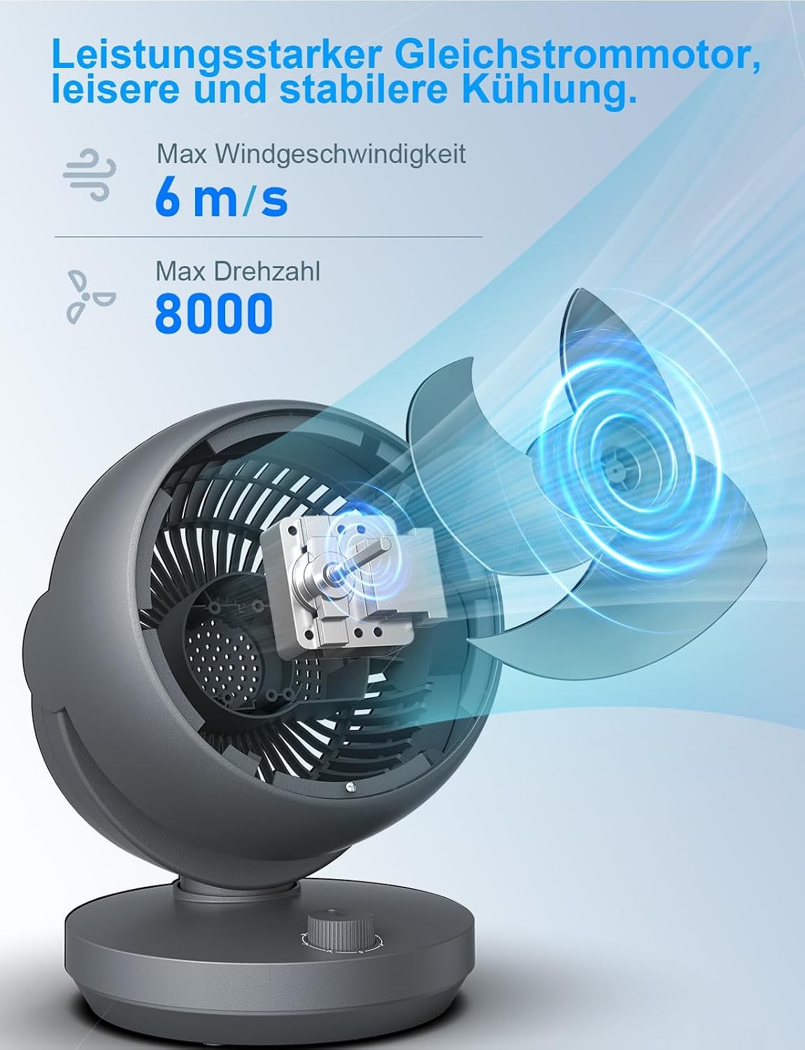 Detalle de Ventilator Leise – Tischventilator mit 22 dB, 35W, 3 Stufen + 100°/90° Neigung, kompakt & leise für Schlafzimmer, Büro & Wohnzimmer bis 21 m²