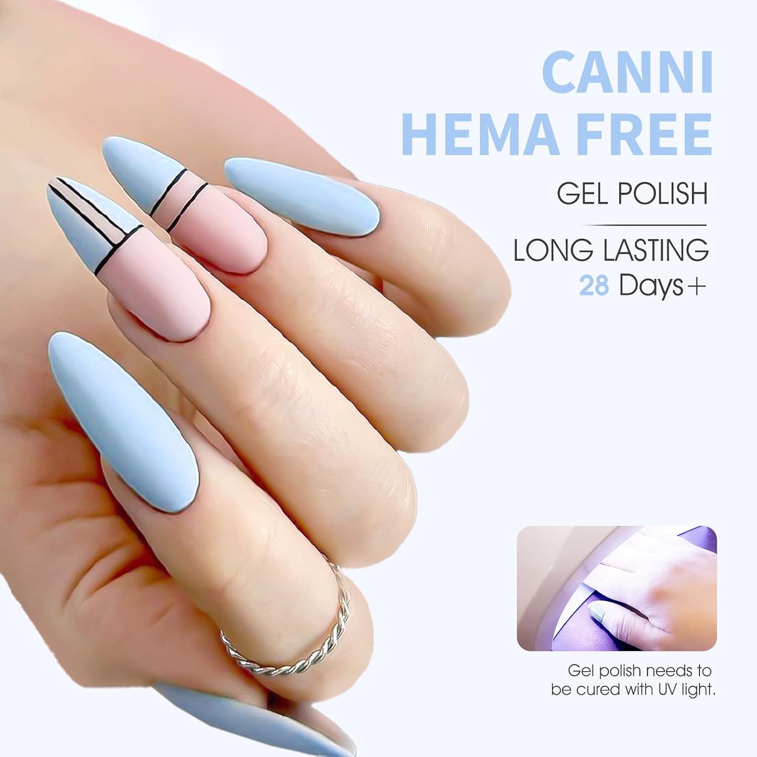 Detalle de CANNI Light Blue Gel Nail Polish (Baby Blue) — HEMA-Free Pastel UV/LED Gel for Glossy, Long-Lasting Color