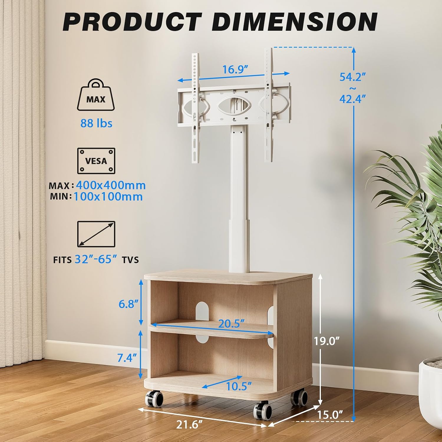 Thumbnail 3 de 5Rcom White Mobile TV Stand for 32–65 inch TVs with Wheels – Swivel, Adjustable Height and Ample Storage