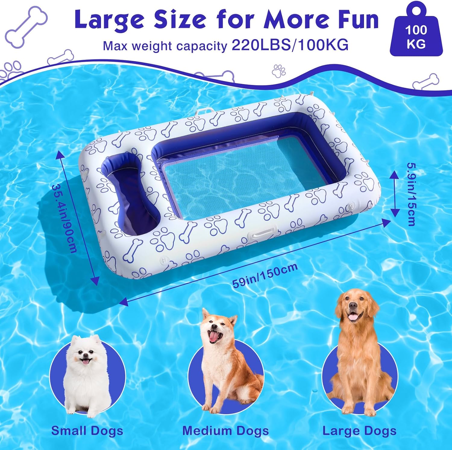 Detalle de MoKo Hundepool-Schwimmfloß 59 × 35 Zoll – Aufblasbares Hundebett mit Staufach, PVC/Mesh, Blau