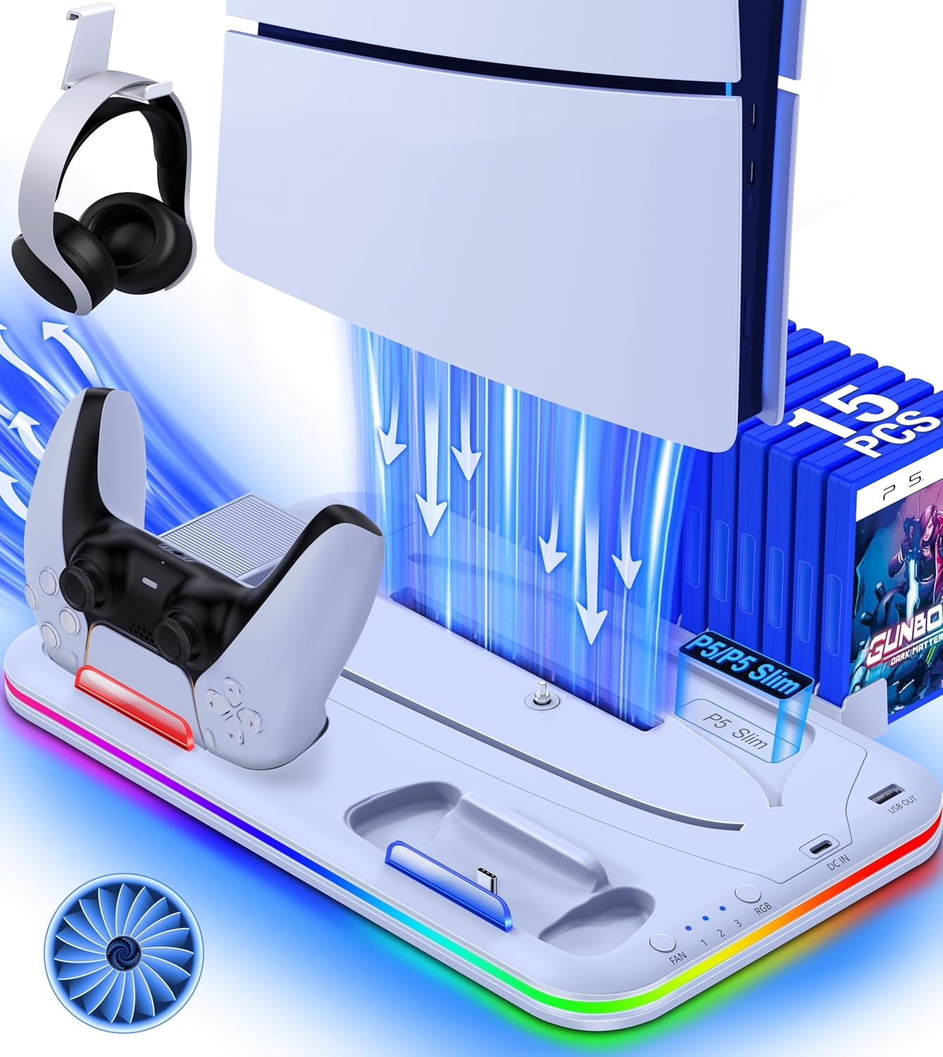 Detalle de PS5 Cooling Station with Dual Controller Charger and RGB — a practical all-in-one accessory