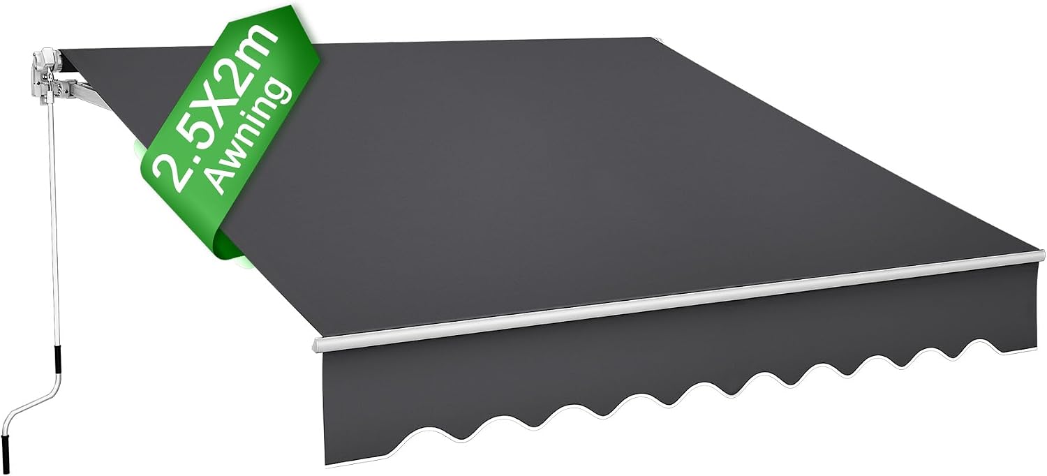 Detalle de LZQ 2.5 x 2 m Aluminium Awning, Dark Grey Polyester, Manual Crank