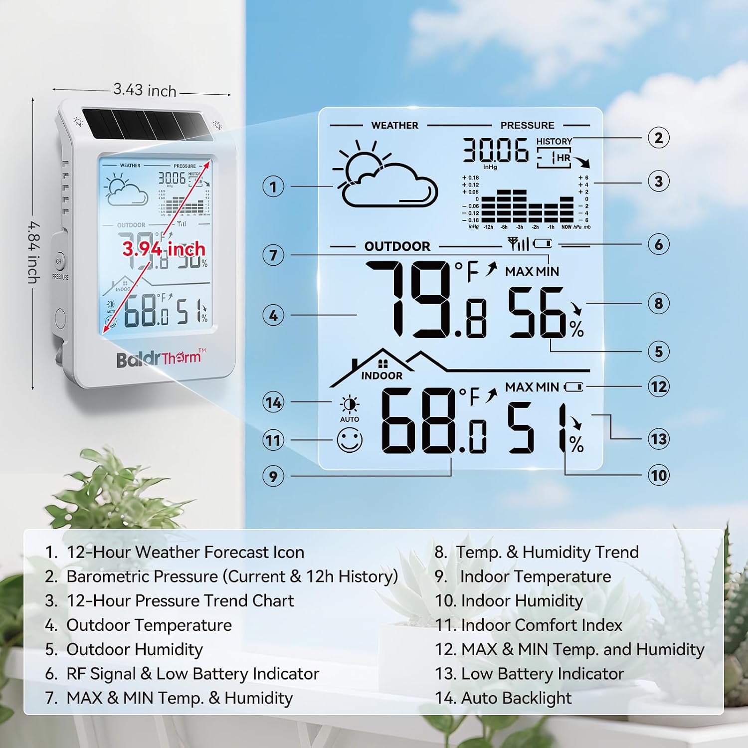 Thumbnail 6 de BaldrTherm Wireless Weather Station with Dual-Zone Monitoring and Auto Backlight