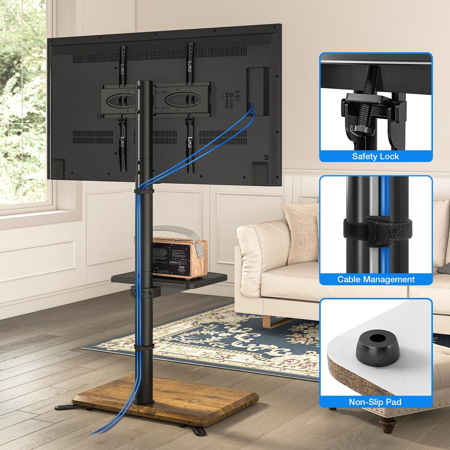 Thumbnail 5 de 5Rcom Universal Swivel TV Floor Stand with Mount (32–60 Inch, up to 40 kg) – Brown Wood Base