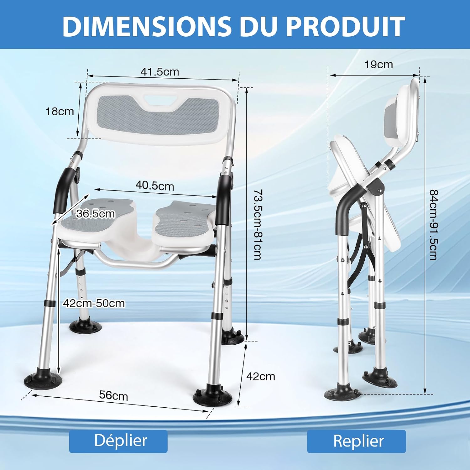 Detalle 2 de DEWEL Chaise de douche pliable avec dossier et accoudoir, hauteur réglable (jusqu’à 150 kg), gris