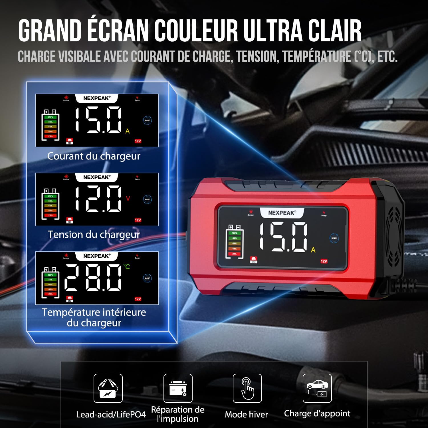 Detalle de Chargeur de Batterie de Voiture 12V/24V 15A/8A intelligent — LiFePO4 et Plomb-ACID
