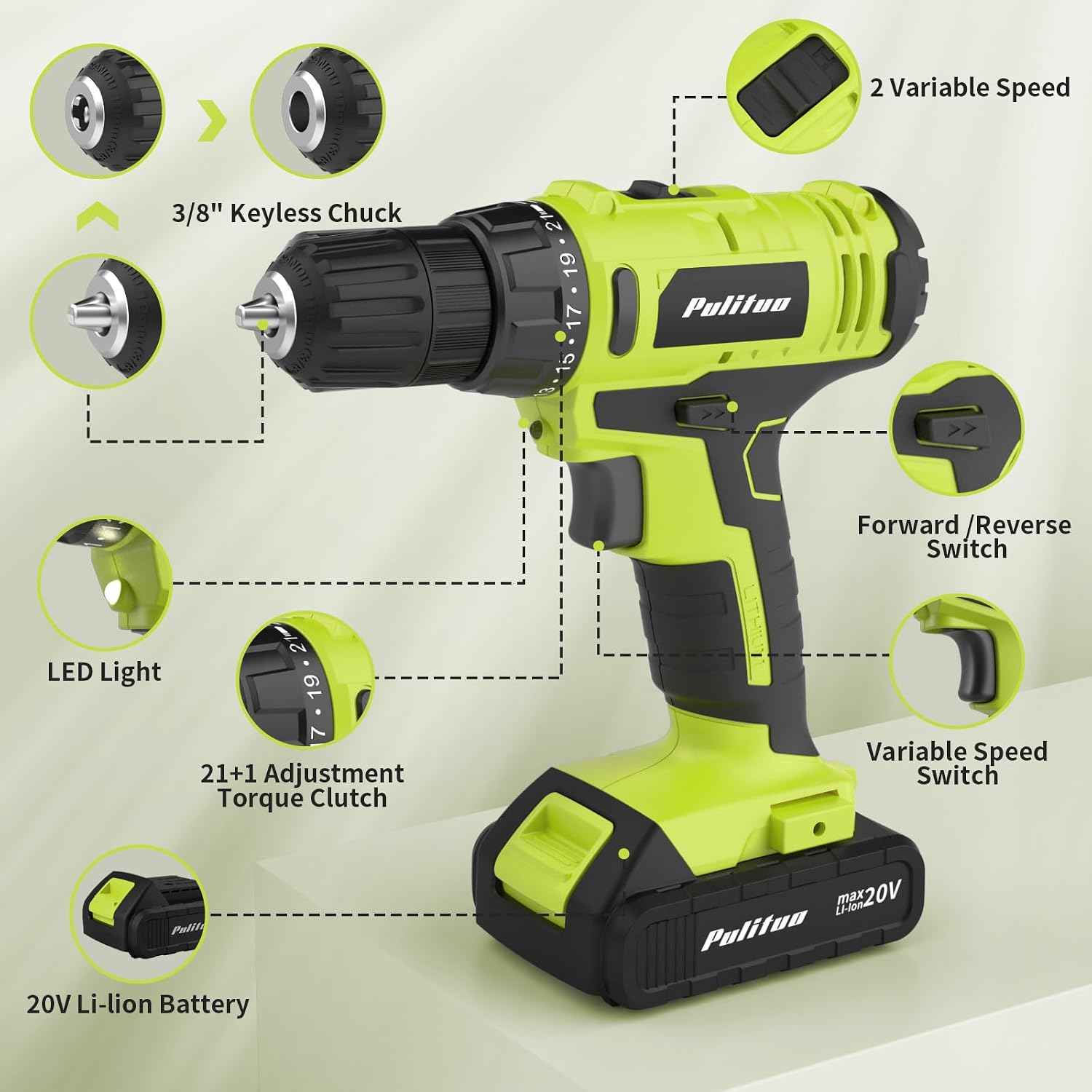 Detalle de PULITUO DC7720S 20V Cordless Drill/Driver, 30 Nm, 2 Batteries, LED