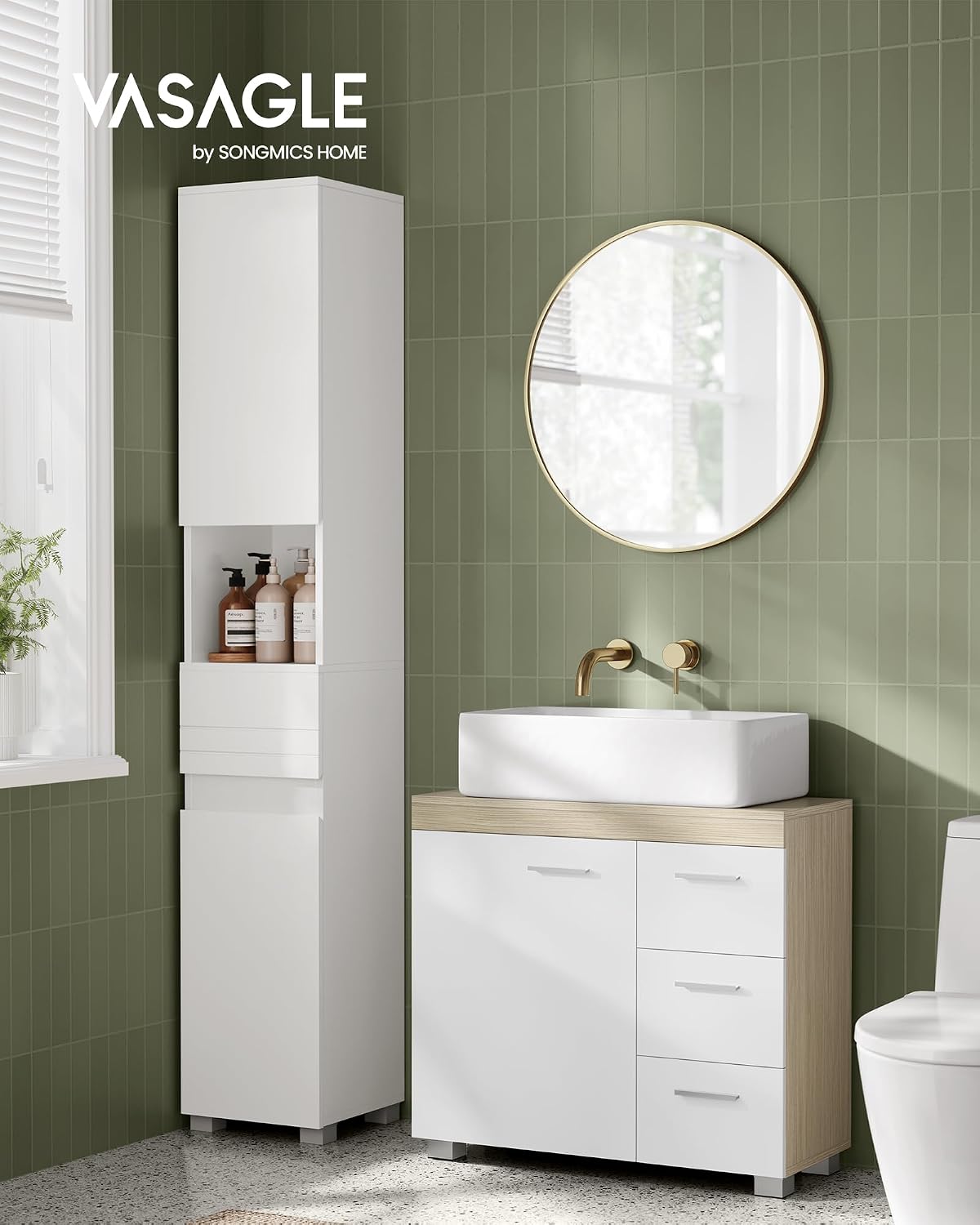 Detalle de VASAGLE Mobile sottolavabo BBK504K01 con 3 cassetti laterali e 2 vani dietro anta (30 x 70 x 64 cm) bianco e beige