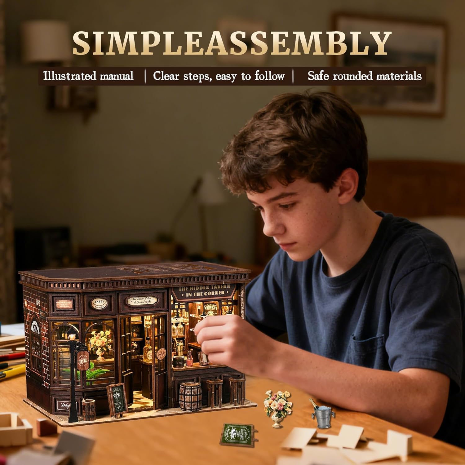 Detalle de LUMYCE Kit Book Nook DIY per Adulti – Taverna in Miniatura con Luci LED da Montare