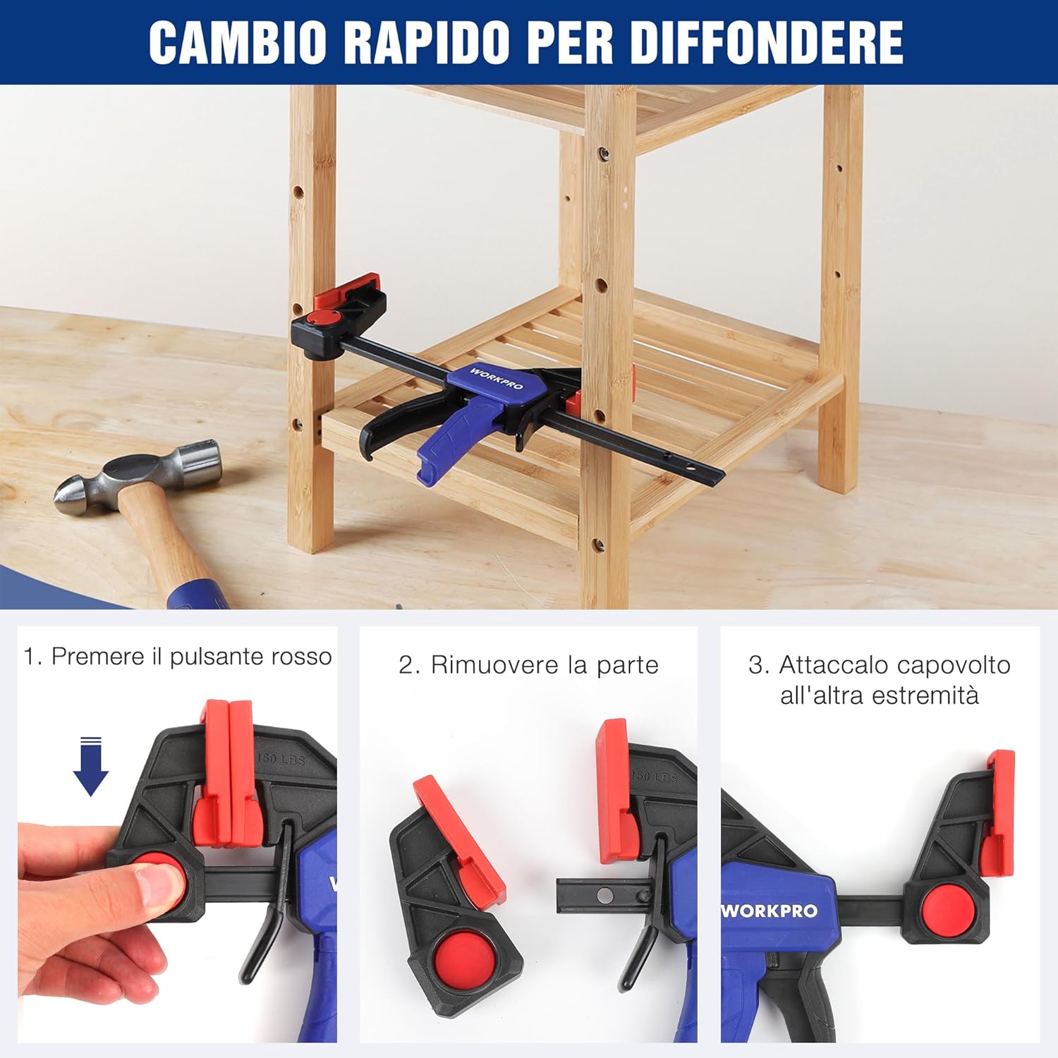 Detalle de WORKPRO set di 2 morsetti da falegname a sgancio rapido, barra fino a 150 mm e portata fino a 68 kg