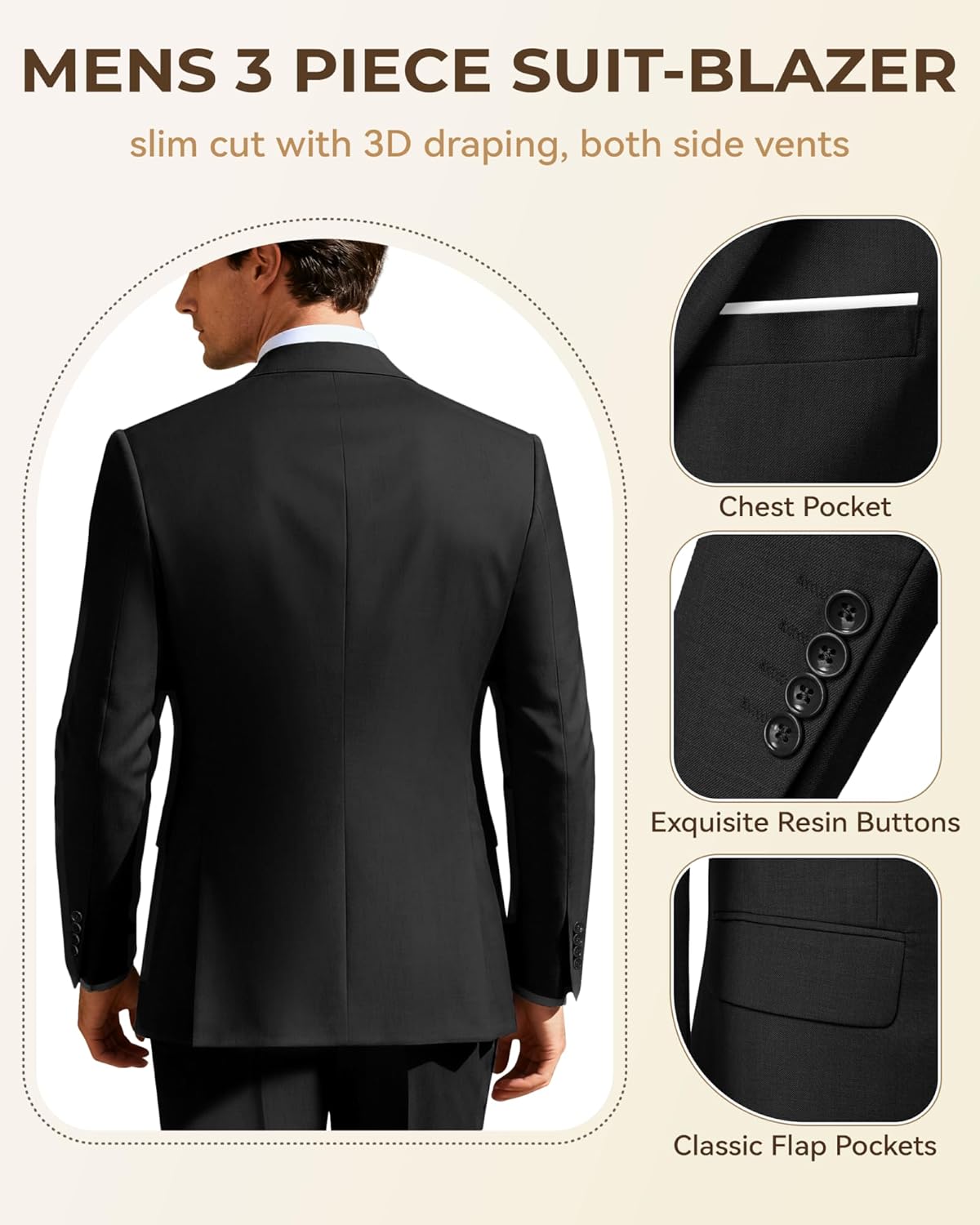Detalle de ZKHOECR Men’s 3-Piece Slim Fit Suit Set (Two-Button Blazer, Vest, Pants) for Weddings & Business