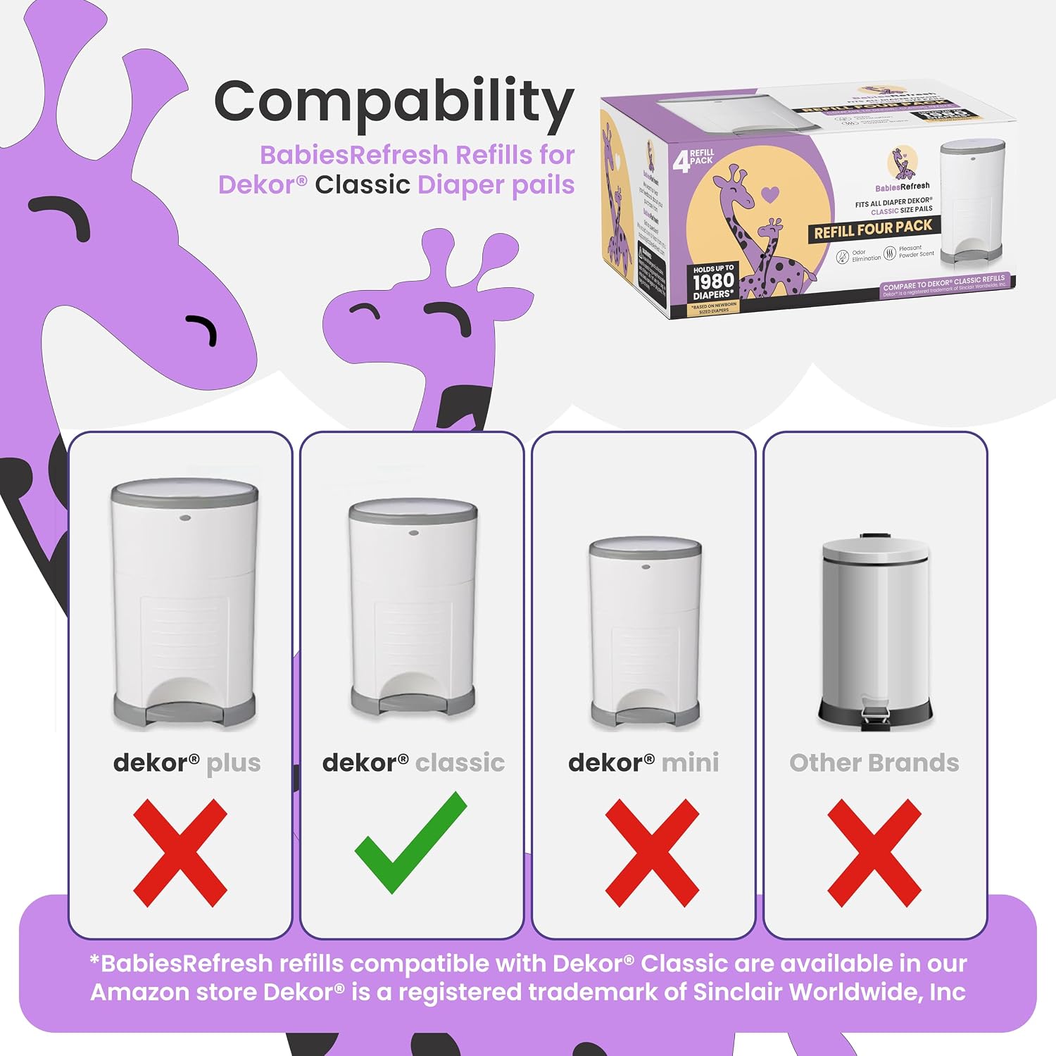 Detalle 2 de BabiesRefresh Diaper Pail Refills, 4-Pack, Fresh Powder, DEKOR CLASSIC Compatible