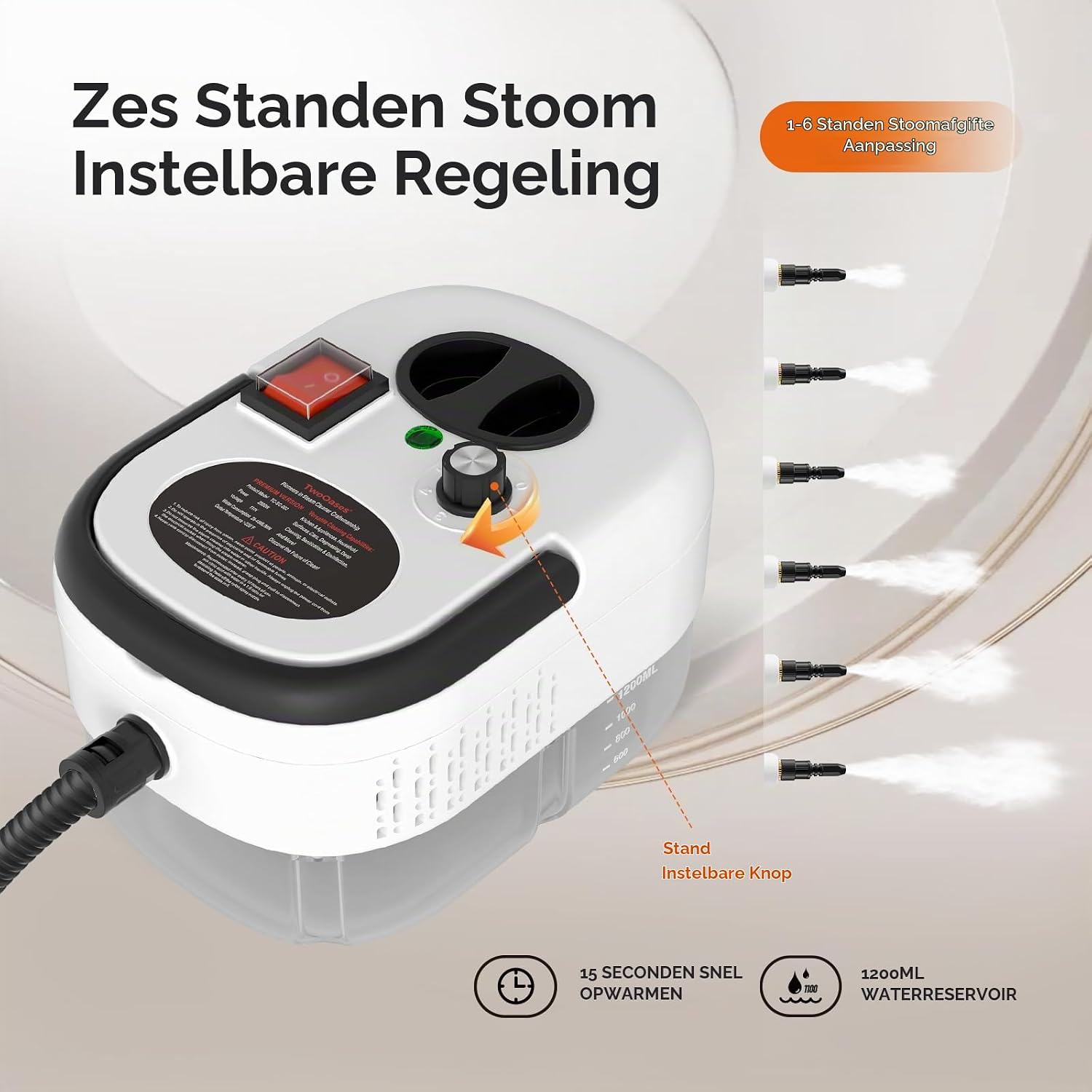 Thumbnail 2 de TwoOases handstoomreiniger met 1200 ml tank, 2500 watt en 6 standen