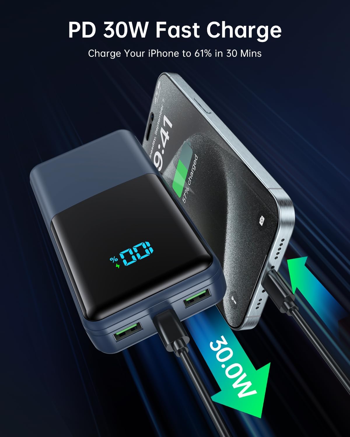 Detalle de Coblob 27000mAh power bank with PD 3.0 fast charging, USB-C & micro inputs, 3 outputs (white)