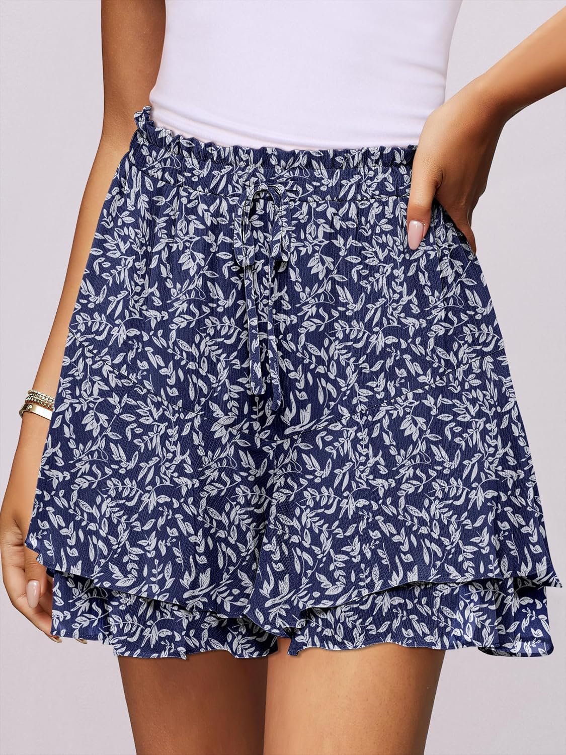 Thumbnail 5 de Caracilia Women’s Boho Skorts (Floral Ruffle Chiffon) — Elastic Waist, Double-Layer Mini Skirt Shorts