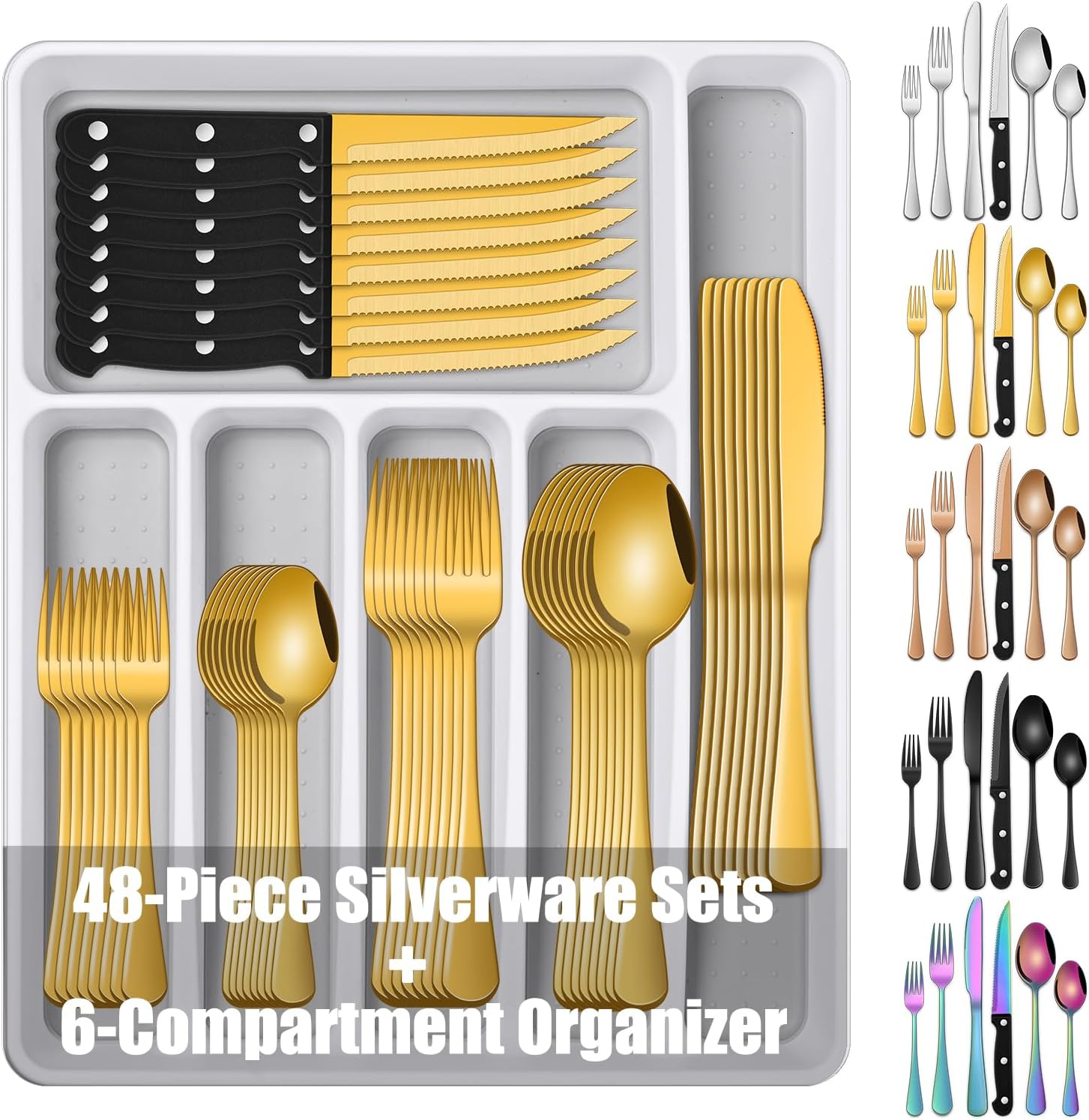 Detalle de Dehov T1010-48 49-Piece Gold Stainless Steel Flatware Set with Organizer