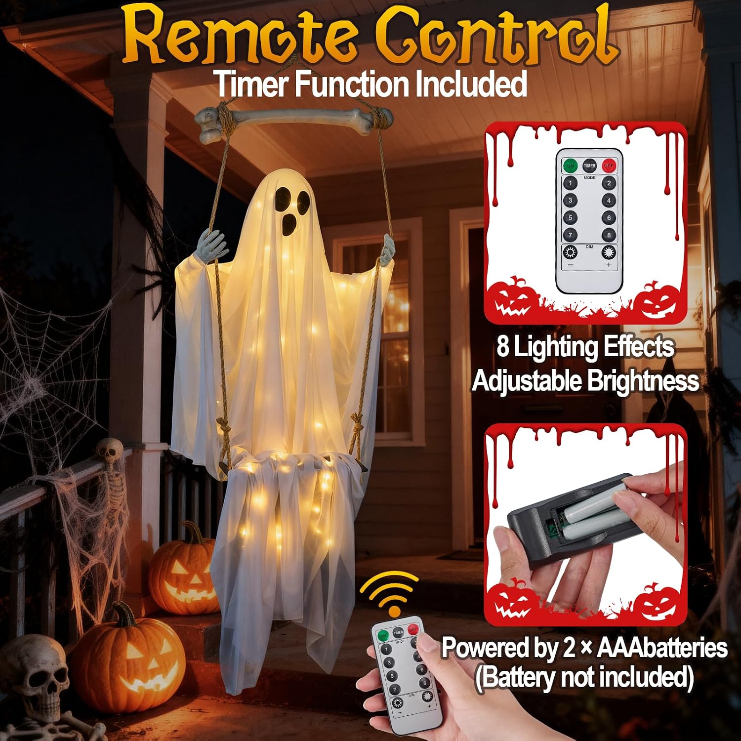 Detalle 2 de TAINAT 4.8 ft Hanging Swing Ghost Halloween Decoration with 8 Light Modes