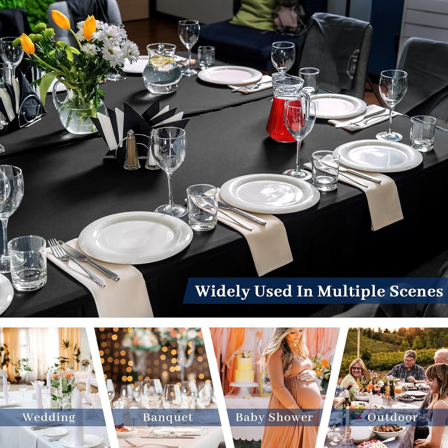 Detalle 2 de Fixwal 10 Pack 8Ft Black Spandex Fitted Tablecloths (Rectangle) — Wrinkle-Free Stretch Table Covers