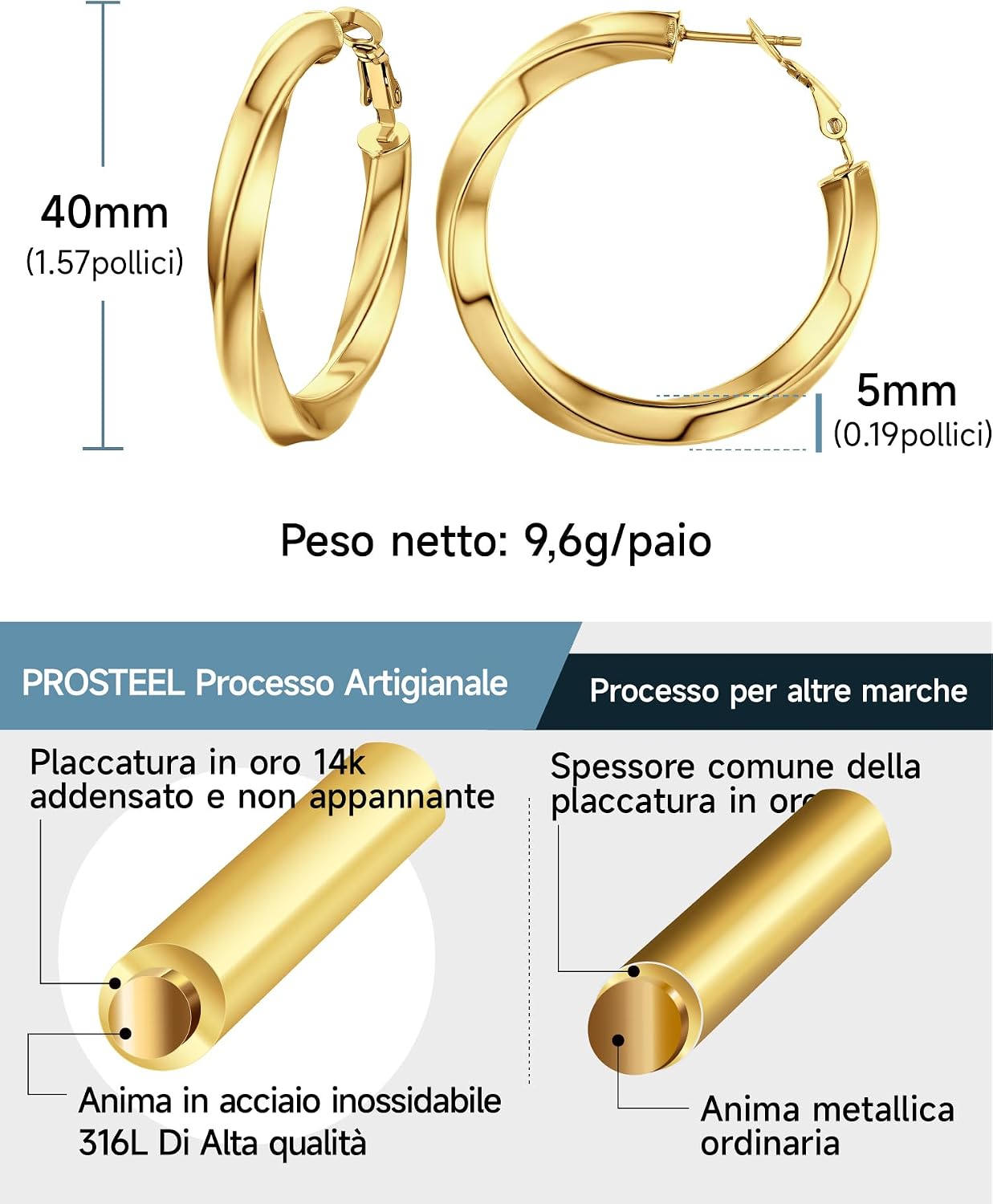Thumbnail 6 de PROSTEEL Orecchini cerchio vuoto 30–80 mm