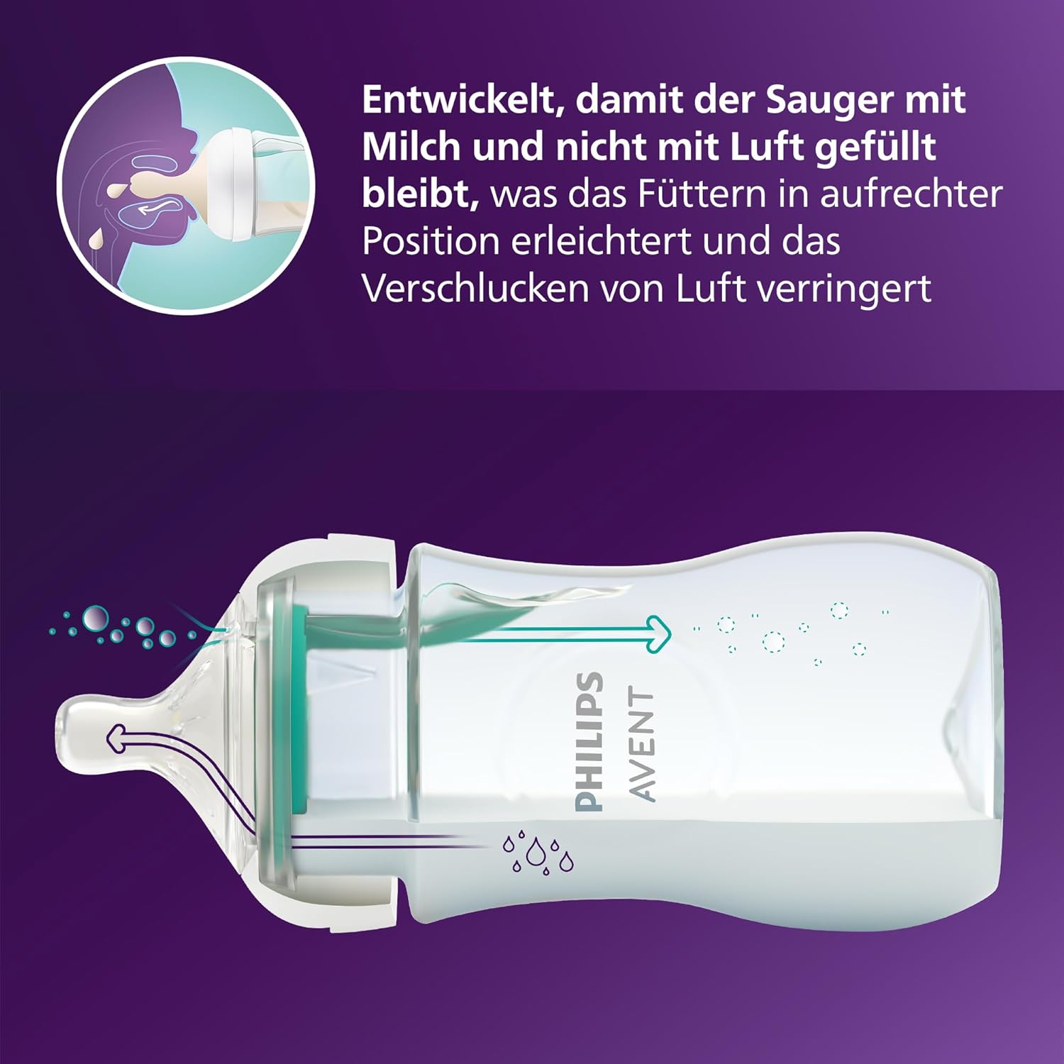 Detalle de Philips AVENT Babyflaschen mit AirFree Ventil – Geschenkset SCD657/11 (4er Set) inklusive ultra soft Schnuller und Flaschenbürste