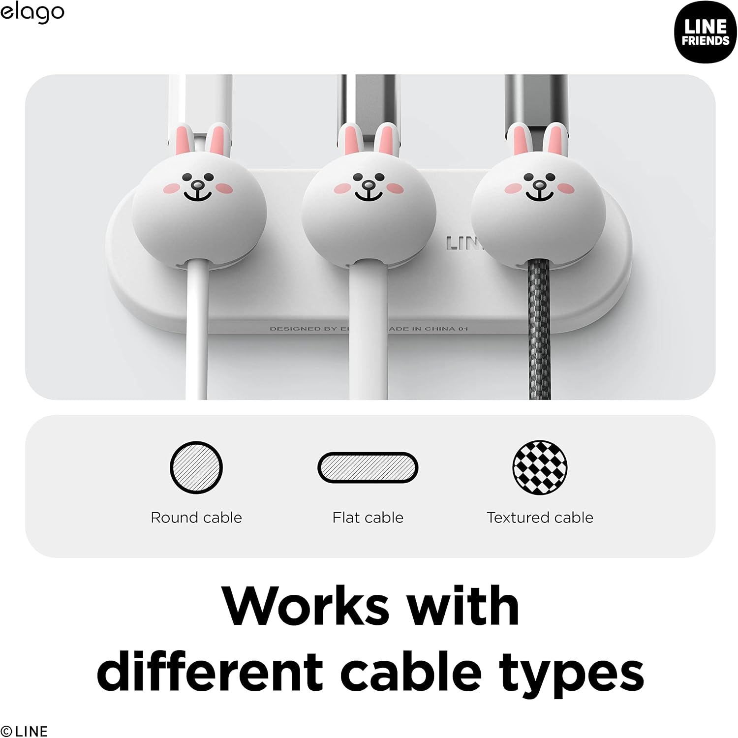 Detalle 2 de elago LINE FRIENDS Bottoni Magnetici per Gestione Cavi (organizza 3 cavi) con magneti potenti e adesivo riutilizzabile