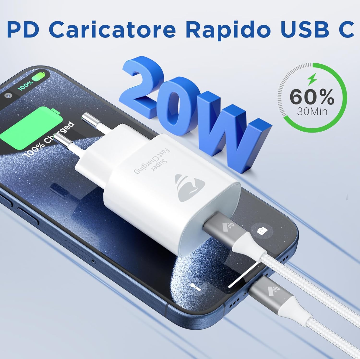 Thumbnail 1 de Caricatore USB-C 20W Yosou: ricarica rapida PD per iPhone e Samsung