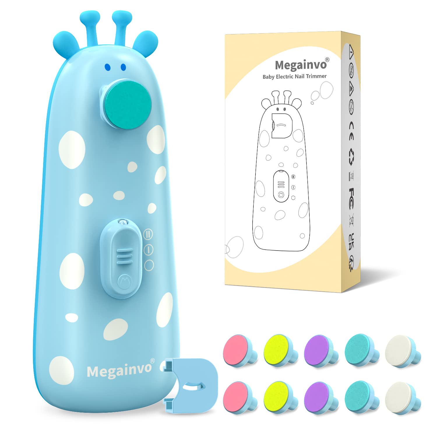 Detalle de Megainvo Baby Elektrische Nagelfeile (Nagelpflegeset) mit Schleifköpfen, Licht & einstellbarer Geschwindigkeit