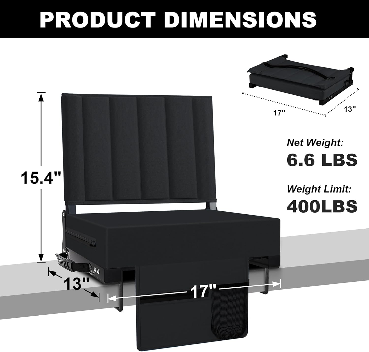 Thumbnail 2 de Aliphon Stadium Seat for Bleachers (2-Pack) with Back Support, Cushion, Cup Holder & Shoulder Strap, Black