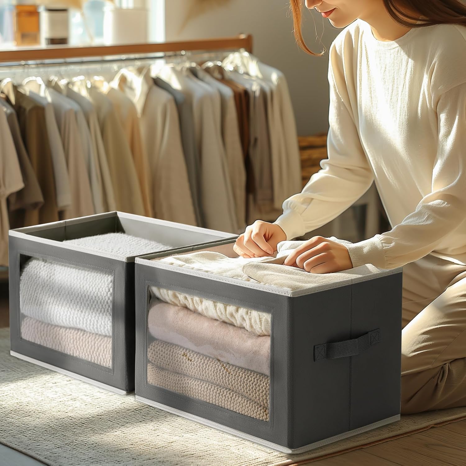 Thumbnail 5 de Homsorout 3-Pack Foldable Storage Boxes with Lids & Clear Window for Wardrobe, Shelf and Home Storage