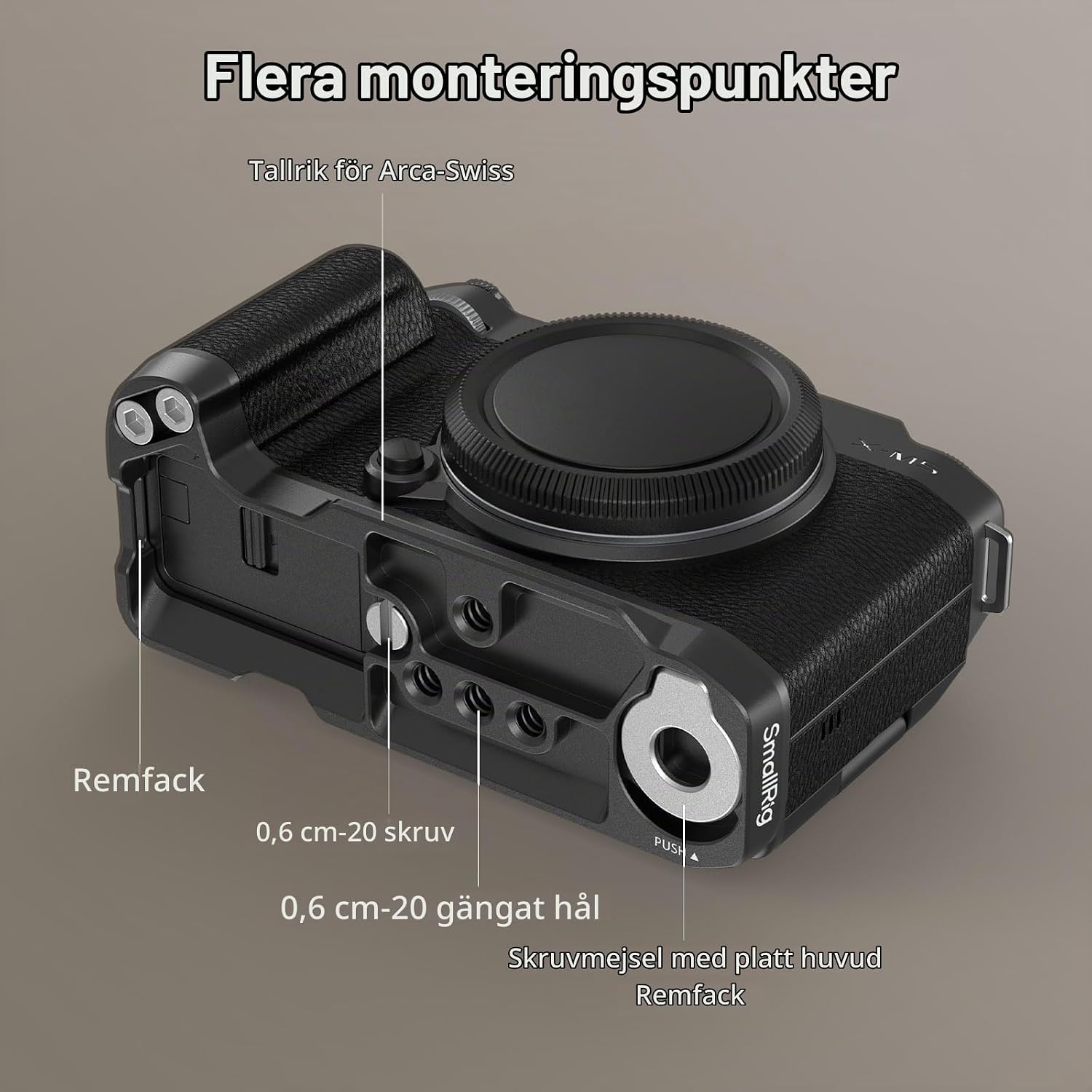 Detalle de SMALLRIG 4876 L-formad handgrepp för FUJIFILM X-M5 med Arca-platta