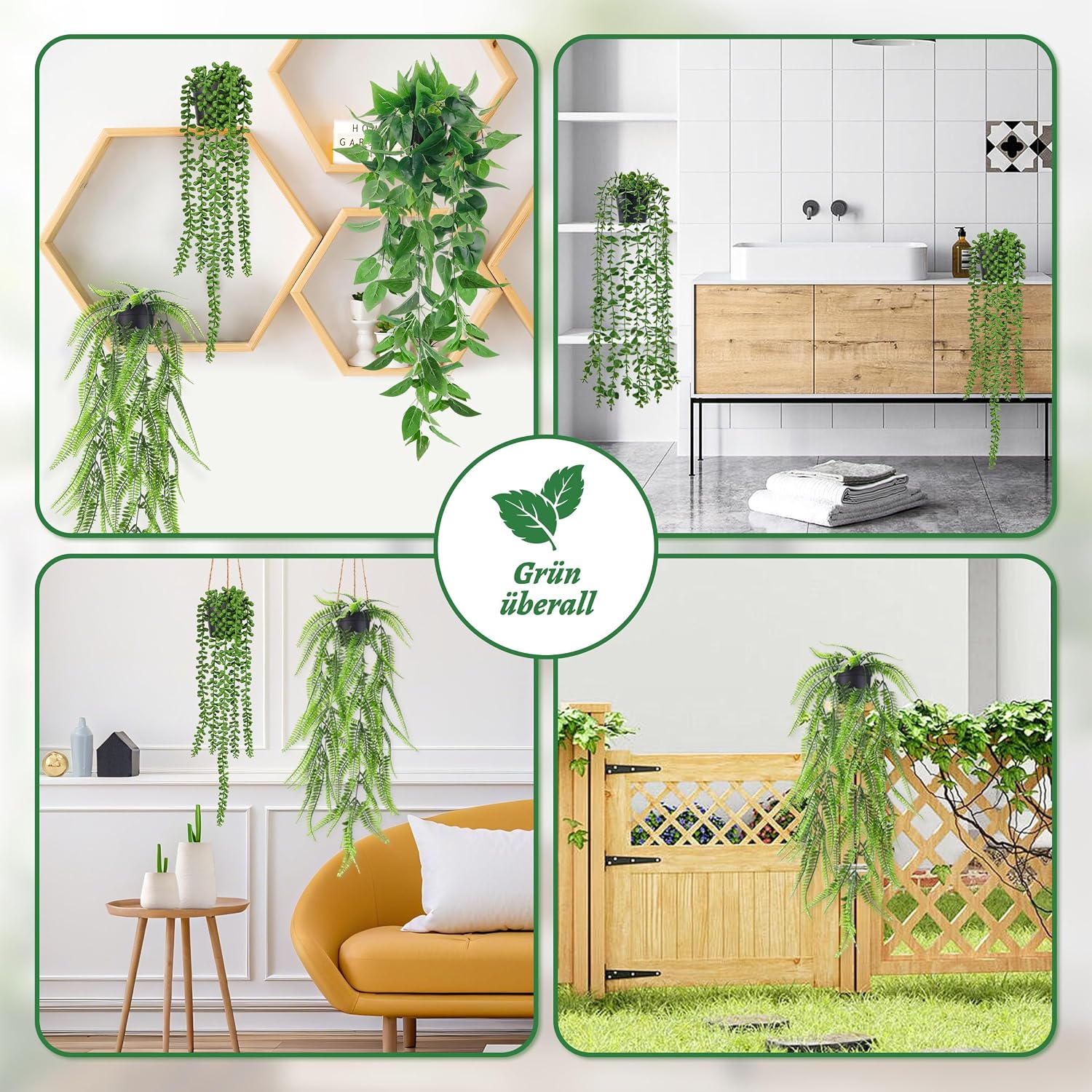 Detalle de Der Rose 4er Set Künstliche Hängepflanzen – Eukalyptus, Boston-Farn, Pothos & Perlenschnur in schwarzen Töpfen