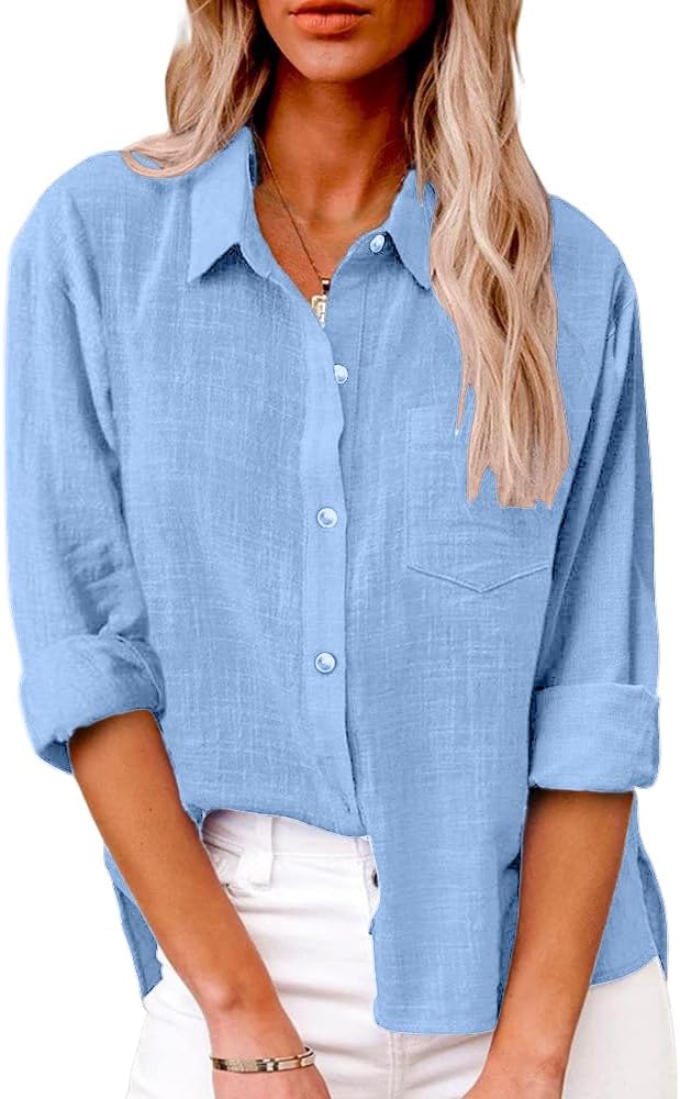 Detalle de Friptspyg Damenbluse – Lässige Langarm Hemdbluse mit V-Ausschnitt, 100% Baumwolle, Tasche