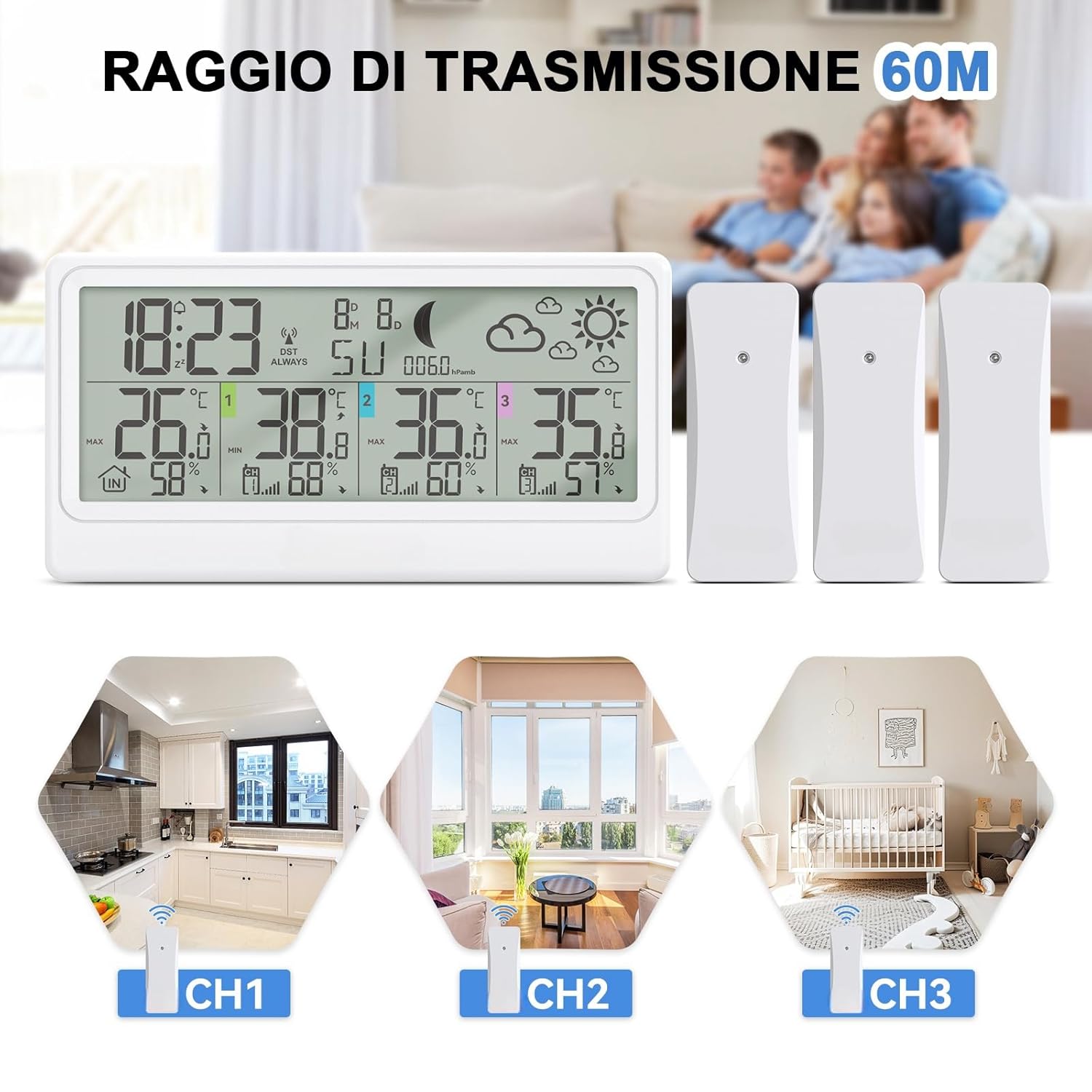 Detalle de Stazione Meteo con 3 Sensori Esterno e Display LCD 8,5" – monitoraggio interno/esterno, previsioni e fasi lunari