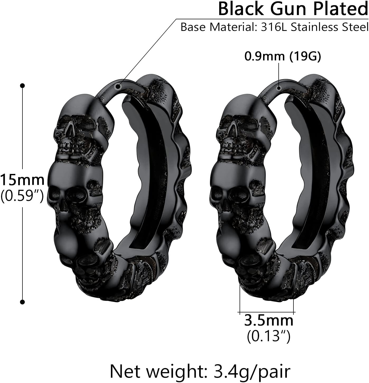 Thumbnail 4 de PROSTEEL Boucle d’oreille homme tête de mort en acier inoxydable 316L, créole pendante noir