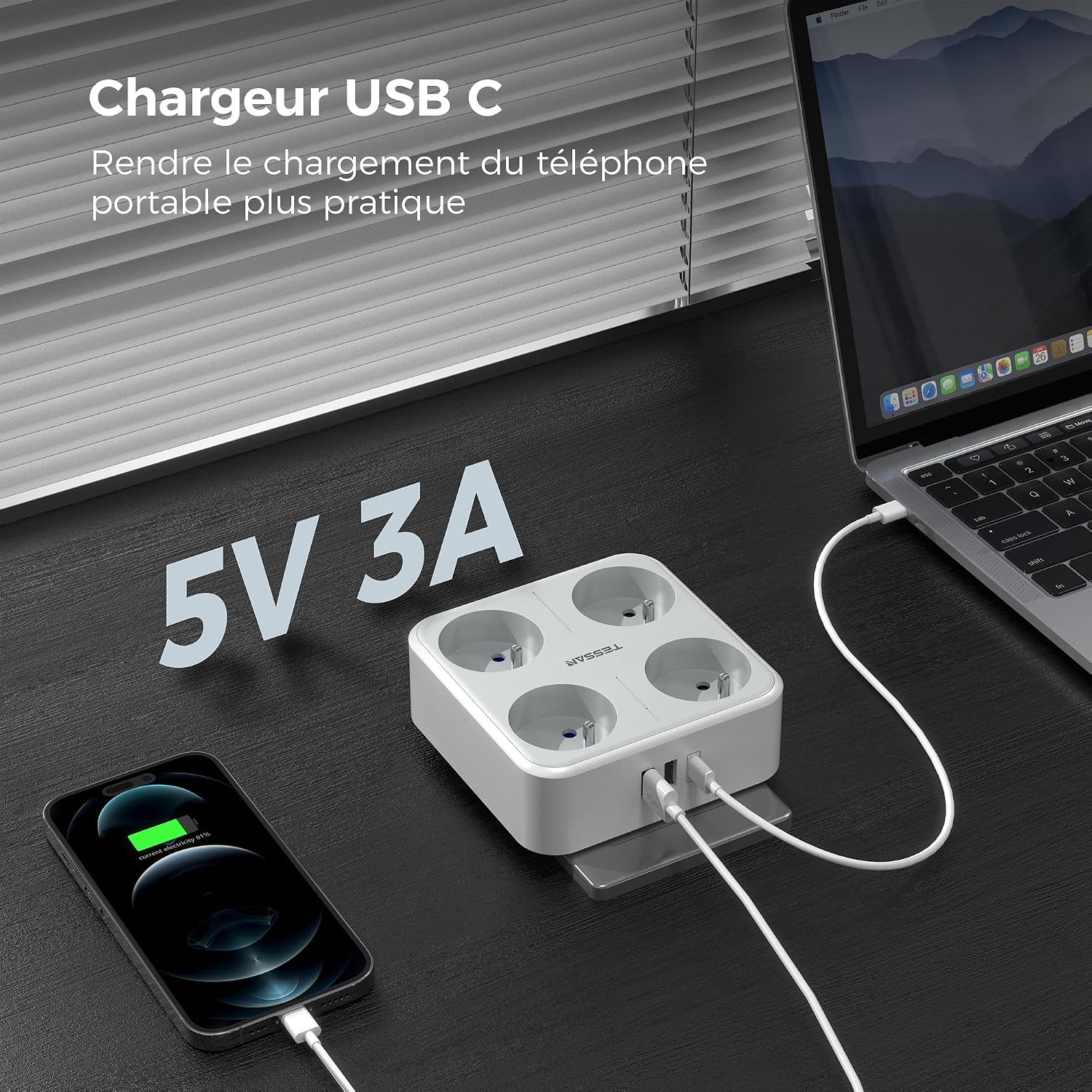Detalle de TESSAN väggadapter för typ E med 4 uttag, 3 USB-portar och strömbrytare, 4 000 W, grå