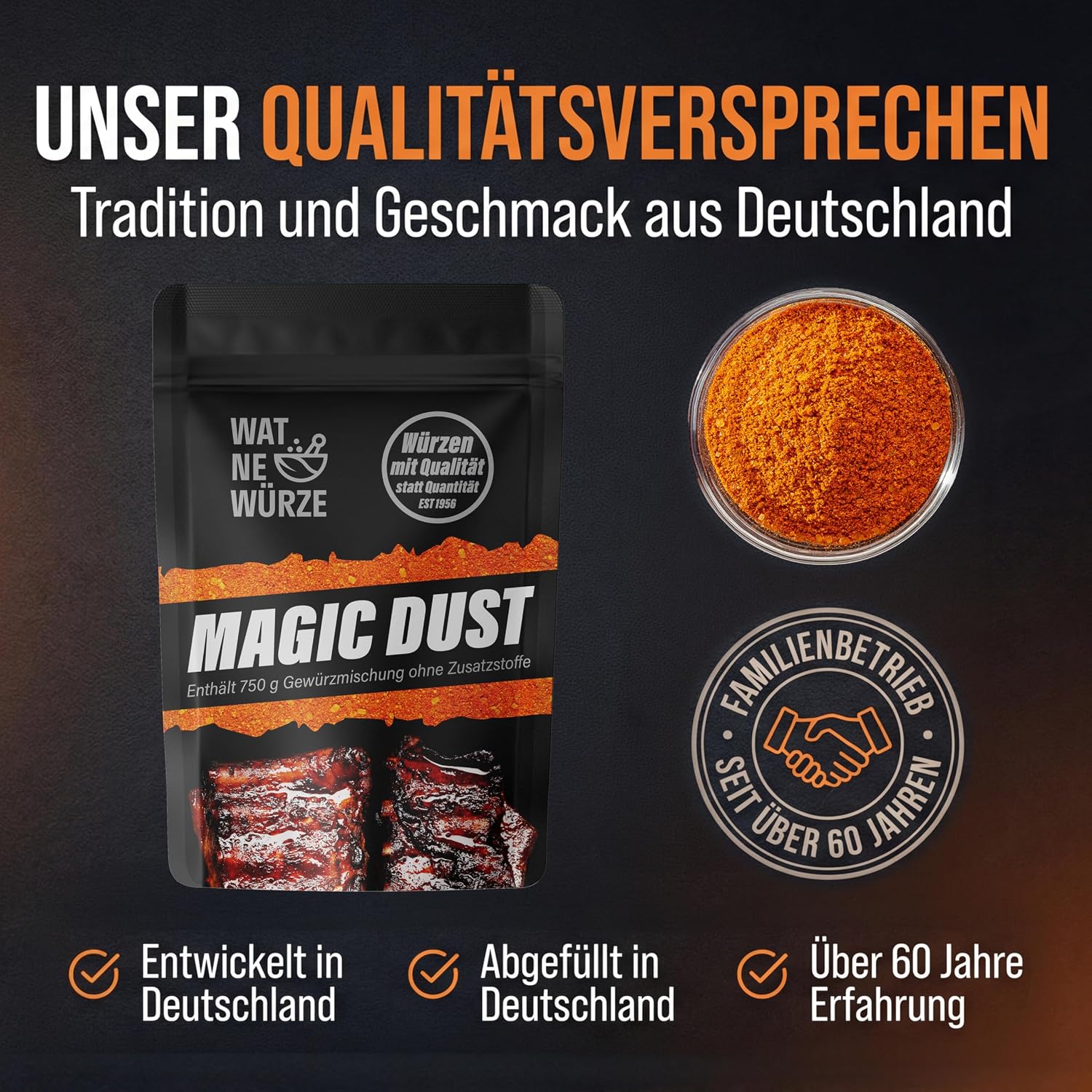 Detalle de WAT NE WÜRZE Magic Dust Rub 750 g – BBQ-Gewürzmischung für Rippchen, Pulled Pork & Brisket