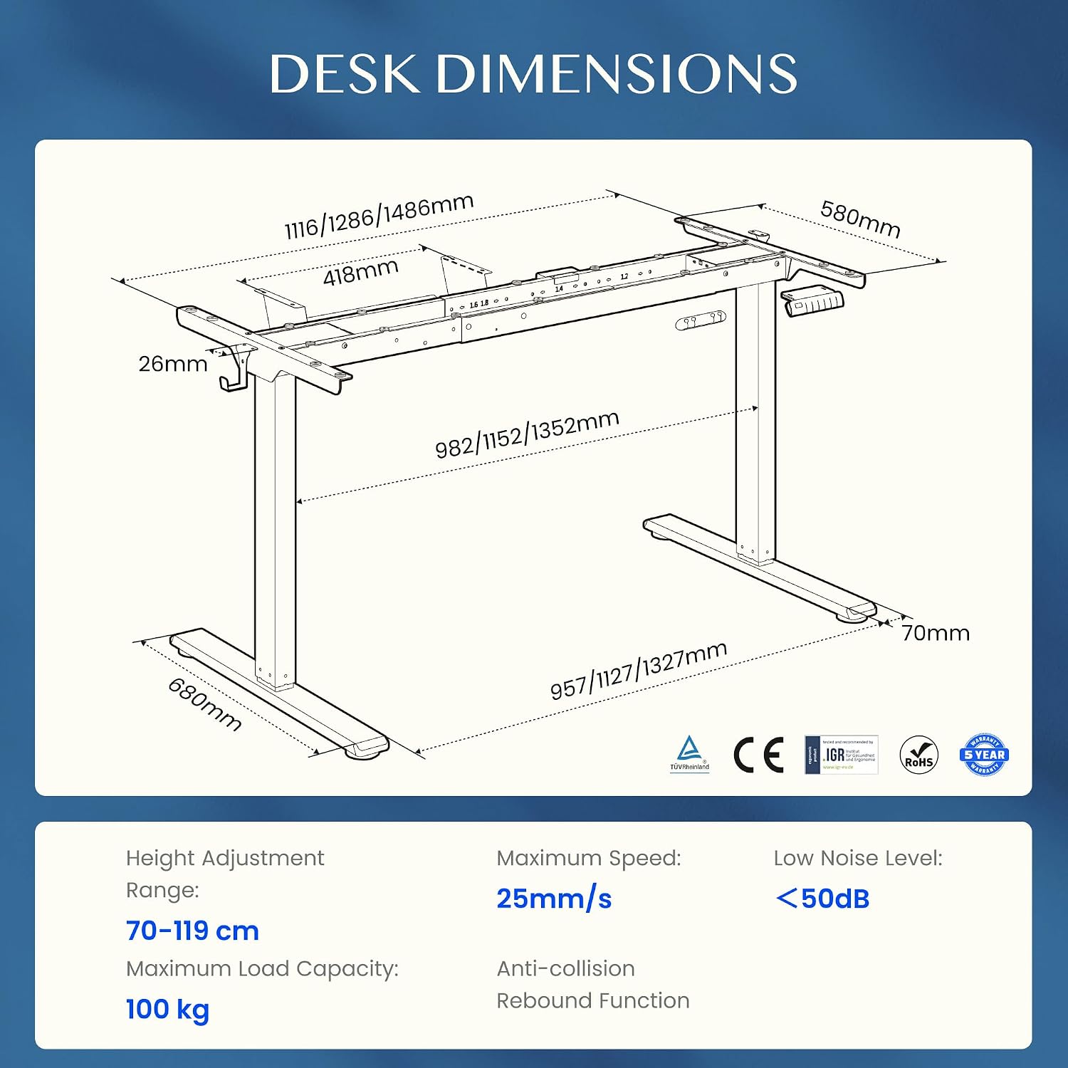 Thumbnail 1 de FlexiSpot E1 Pro Standing Desk Frame, Dual Motors, LED Display, Sierra Blue