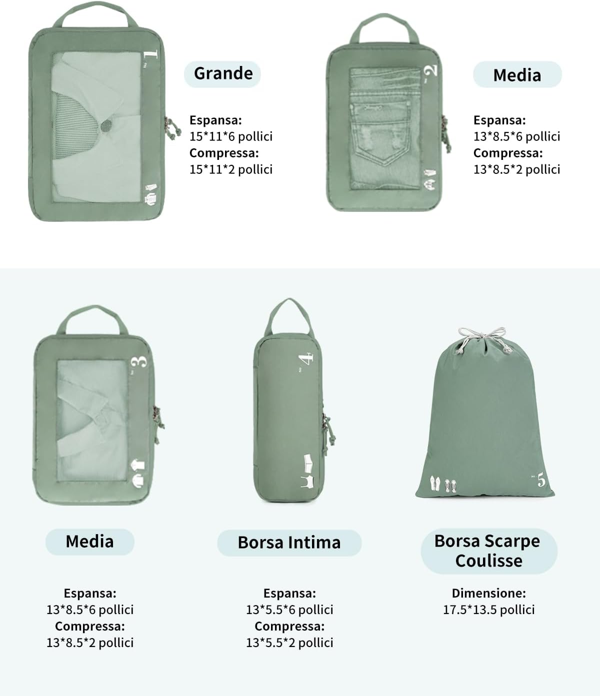 Detalle de ECOHUB set 5 organizer valigia compressibili con scomparto extra e sacchetti travel esssentials (verde)