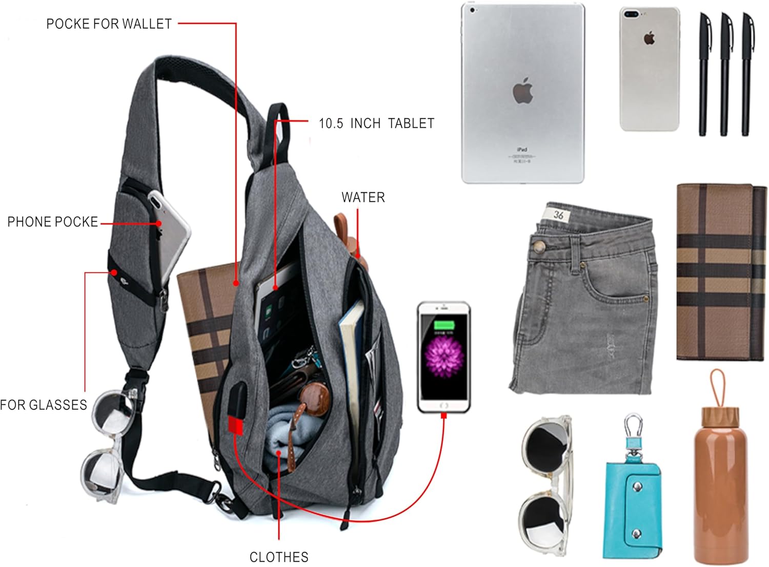 Detalle 2 de TurnWay Sling Bag: Waterproof Crossbody with USB Port for Travel and Everyday Use