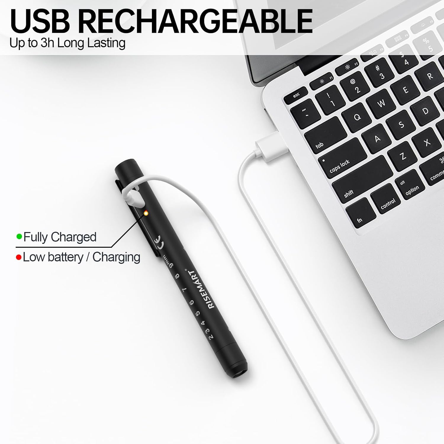 Detalle de RISEMART Pupillenleuchte mit Pupillenmessgerät, Lineal und 2 Farbmodi – USB-wiederaufladbar, schwarz