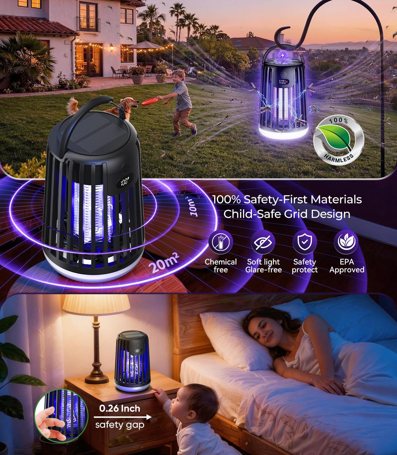 Thumbnail 5 de 6-IN-1 New Upgrade Solar Electric Fly Zapper: German Dual-Wave, 360° Coverage, Quiet 100% Silent Operation