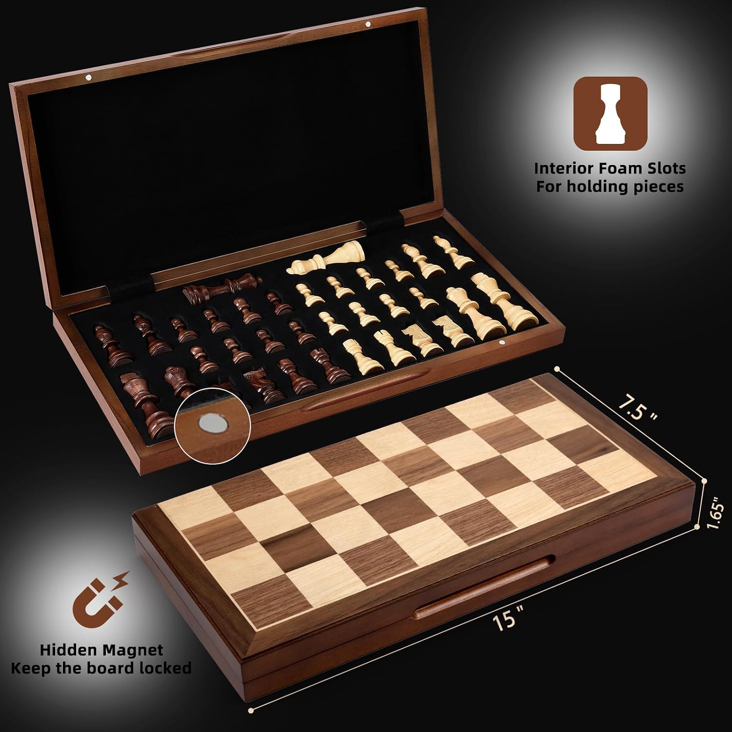 Thumbnail 1 de Chess Set Board Games for Adults: Handmade Walnut 15-Inch Folding Travel Chess with 2 Extra Queens