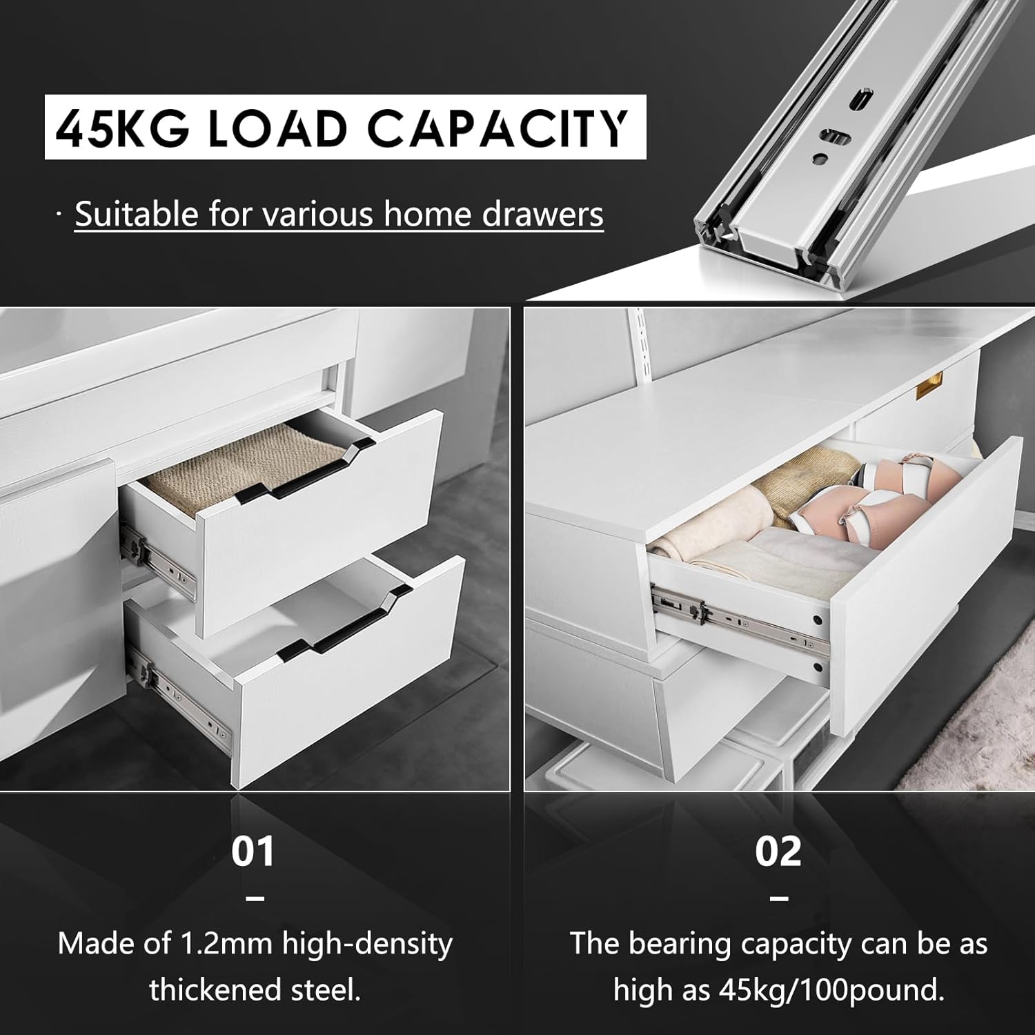 Thumbnail 3 de AOLISHENG 5 Pairs Drawer Runners (Drawer Slides) 400mm, 45kg load capacity, full extension, ball bearing side-mount