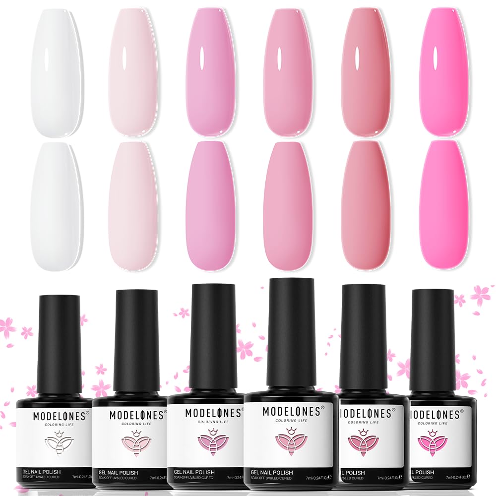 Detalle de modelones Nude Gel Nail Polish Set, 6 Colors Including Baby Pink and White