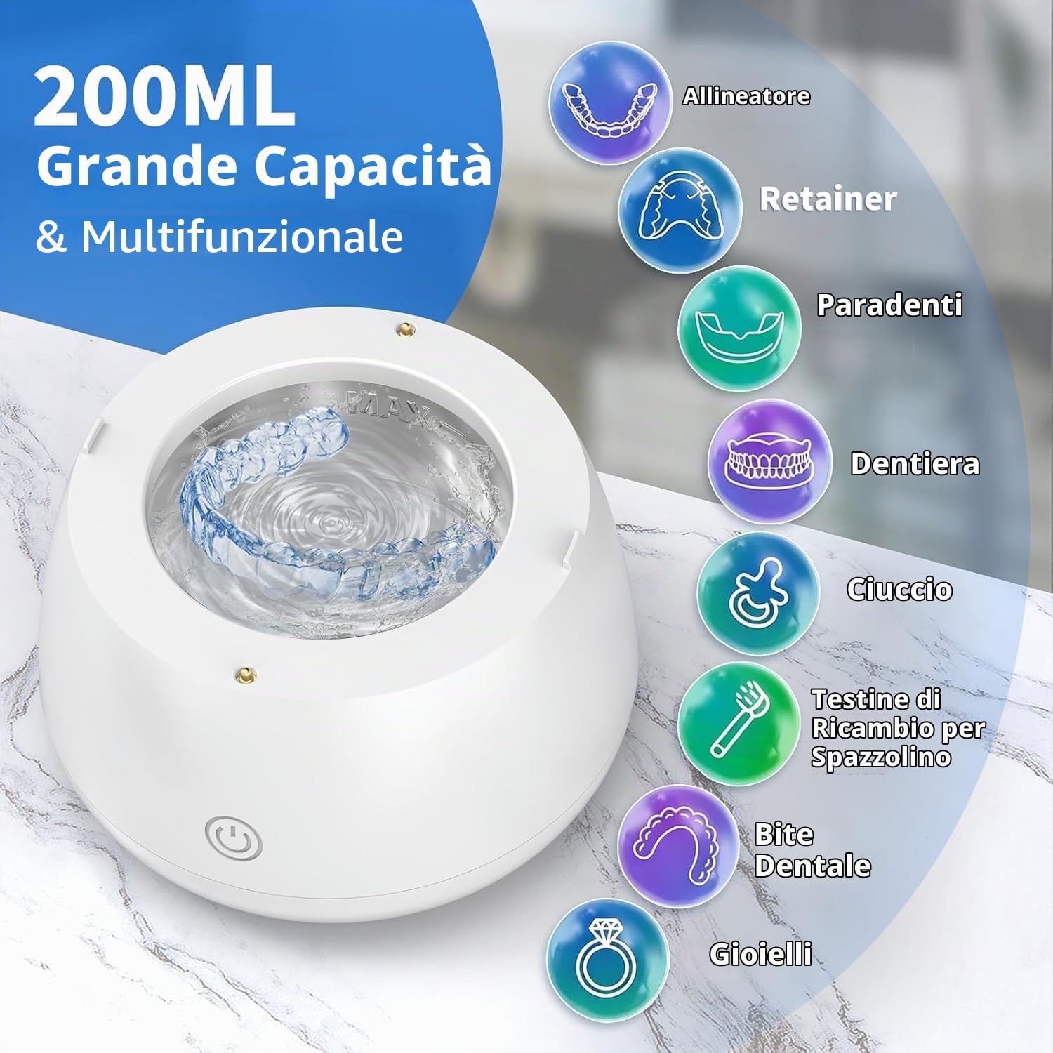 Detalle de TQQ Pulitore ultrasuoni 48000 Hz per protesi dentali e accessori: pulizia profonda e igiene UV