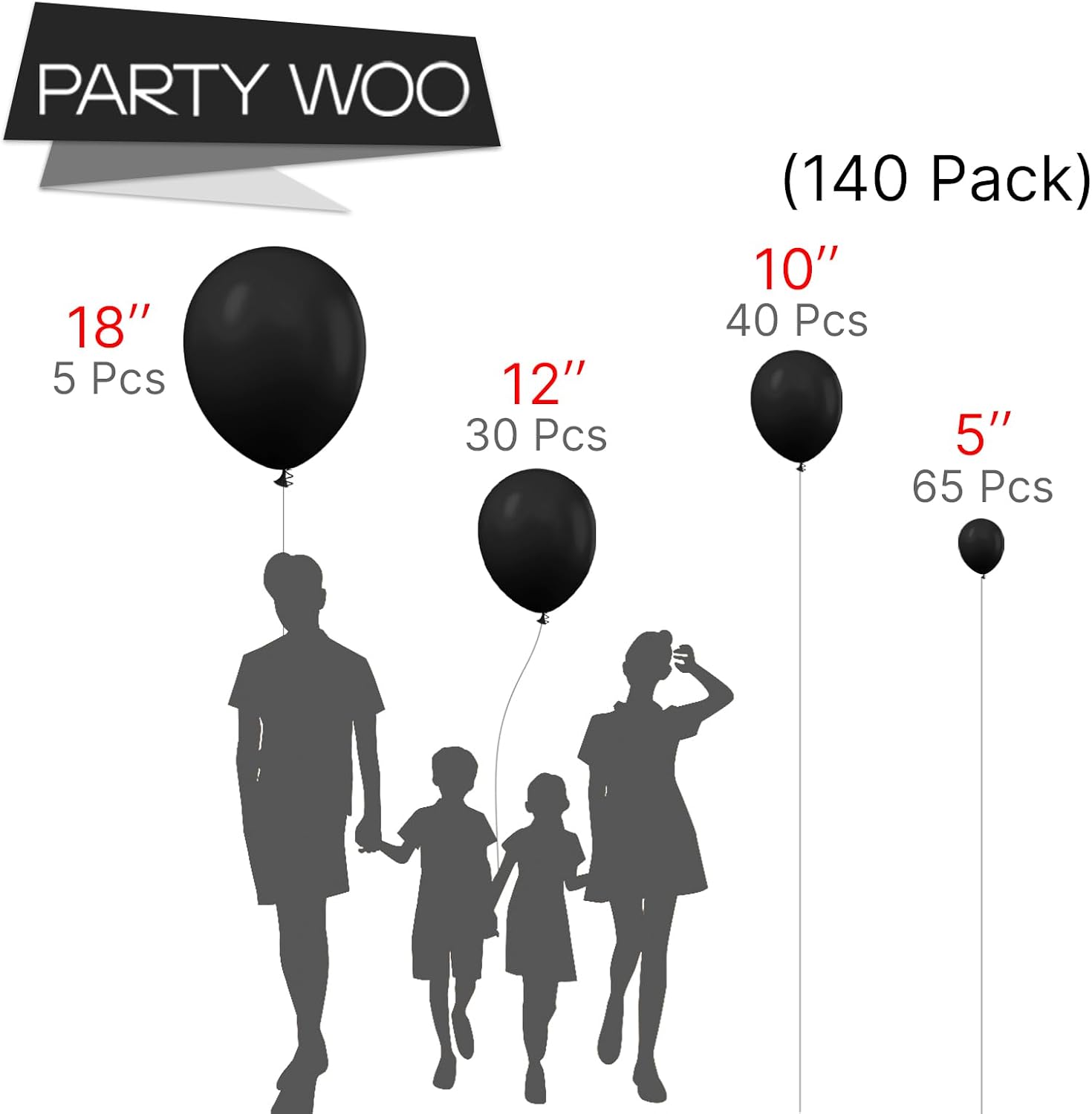 Detalle 2 de PartyWoo 140-Piece Black Balloon Kit (18, 12, 10, and 5 Inch) for Balloon Arches, Garlands, and Party Decor