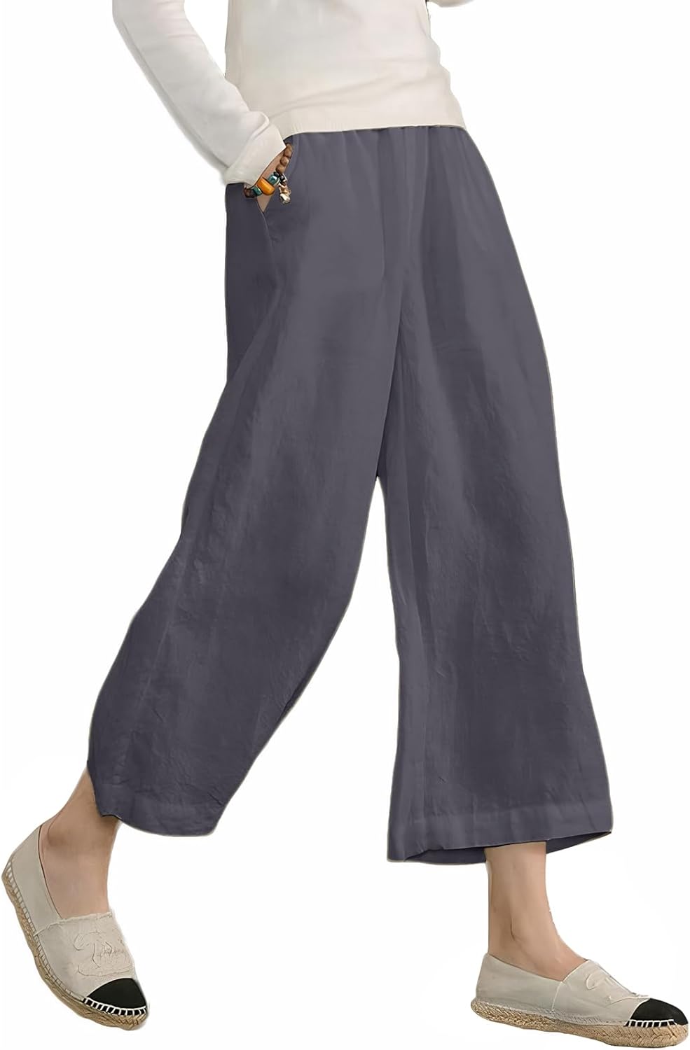Thumbnail 6 de Womens Cotton Cropped Pants: Loose Fit, Wide Leg Capri with Elastic Waist (Plus Size)